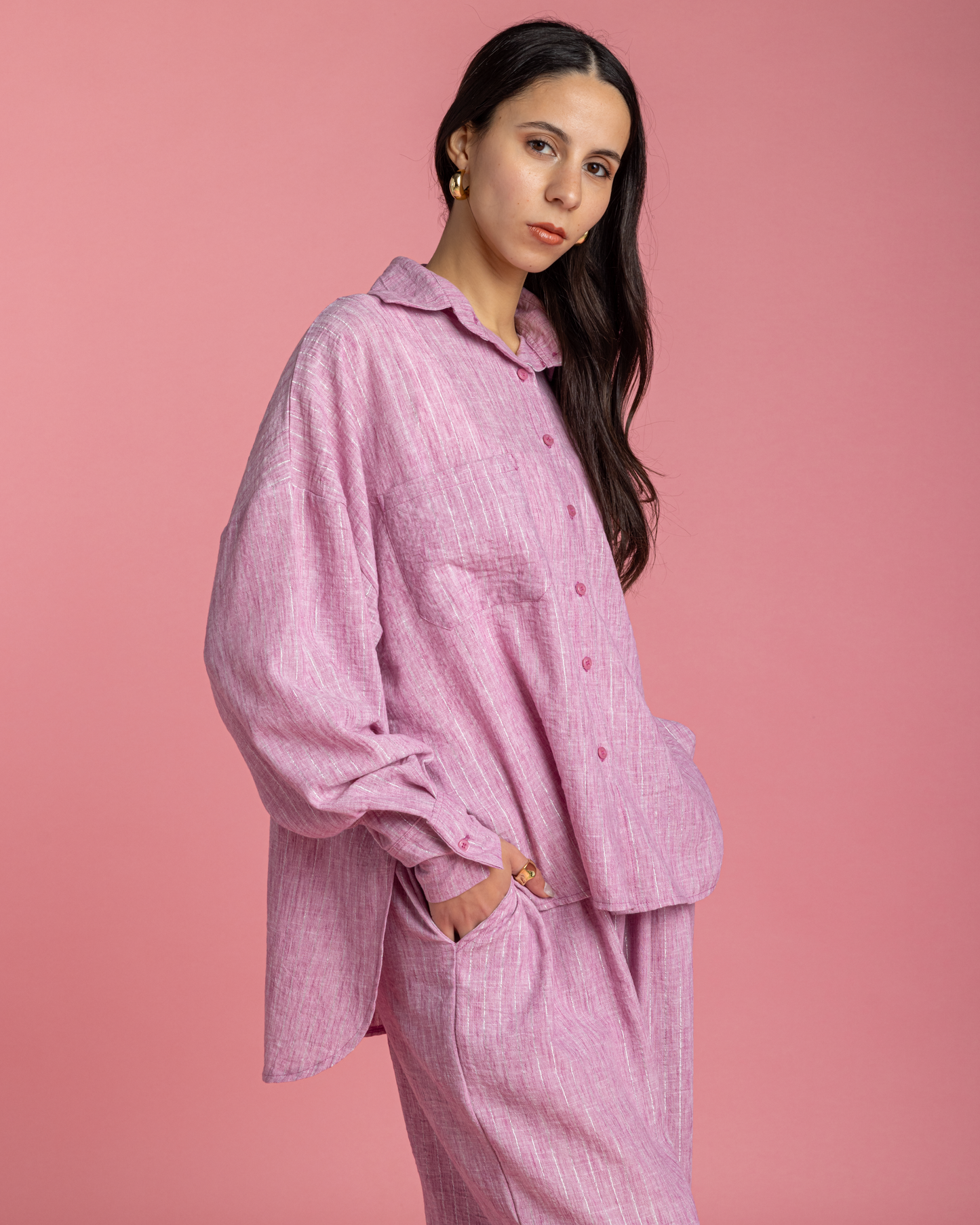 Linen Set with Silver Metallic Lines - Pink
