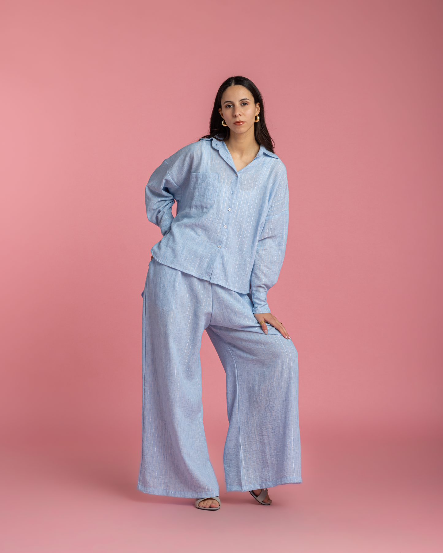 Linen Set with Silver Metallic Lines - Blue