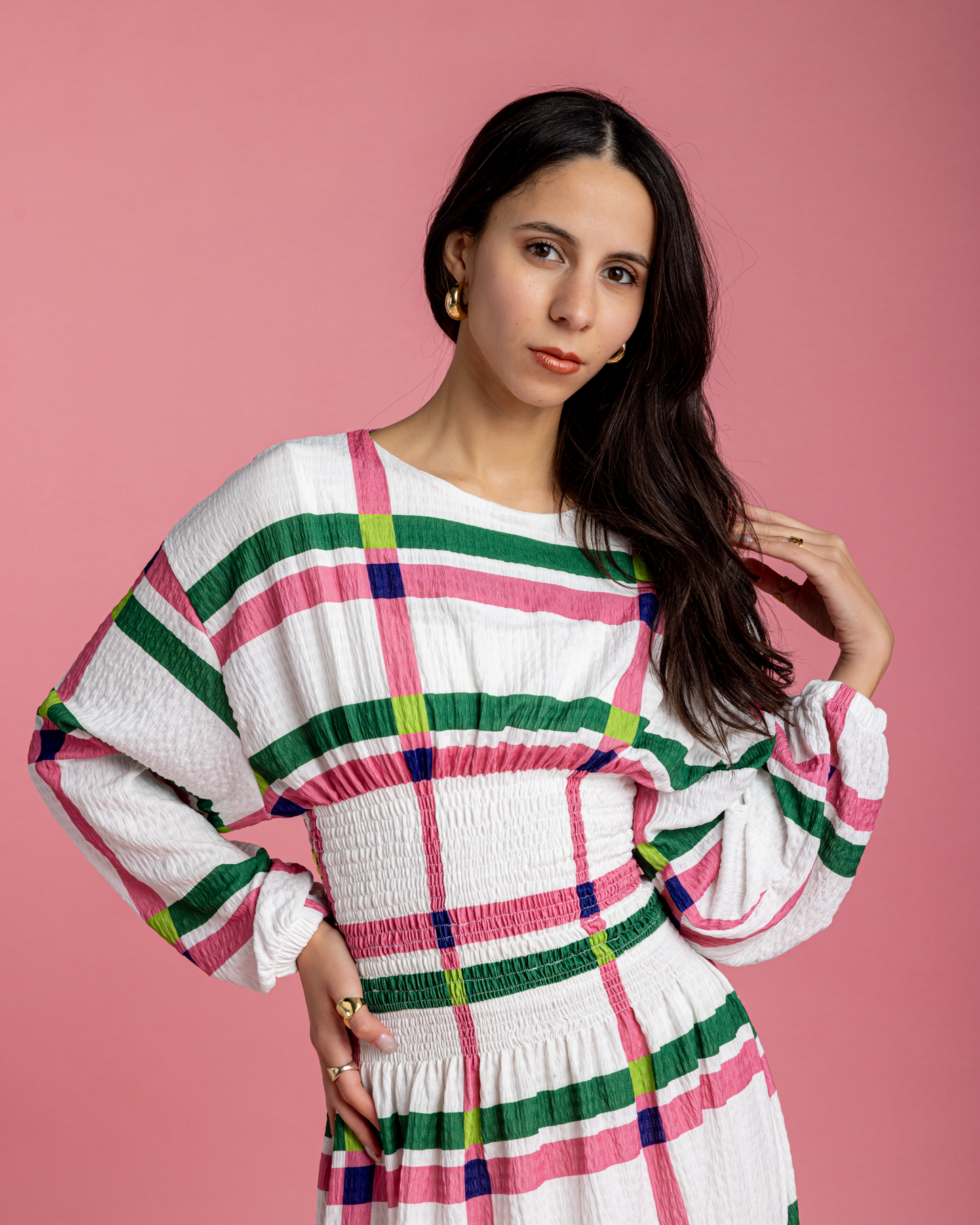 Rio Cinched Waist Dress - Pink & Green Checkers
