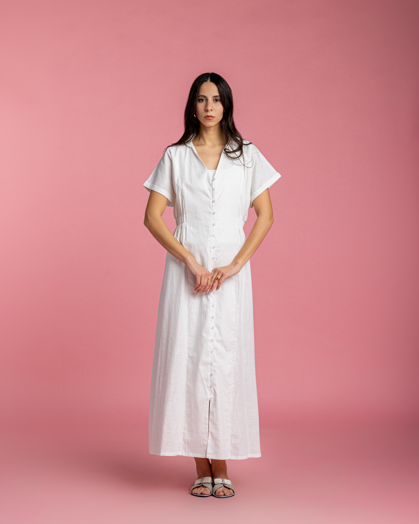 Aziza Dress - White Linen with Metallic Sparks