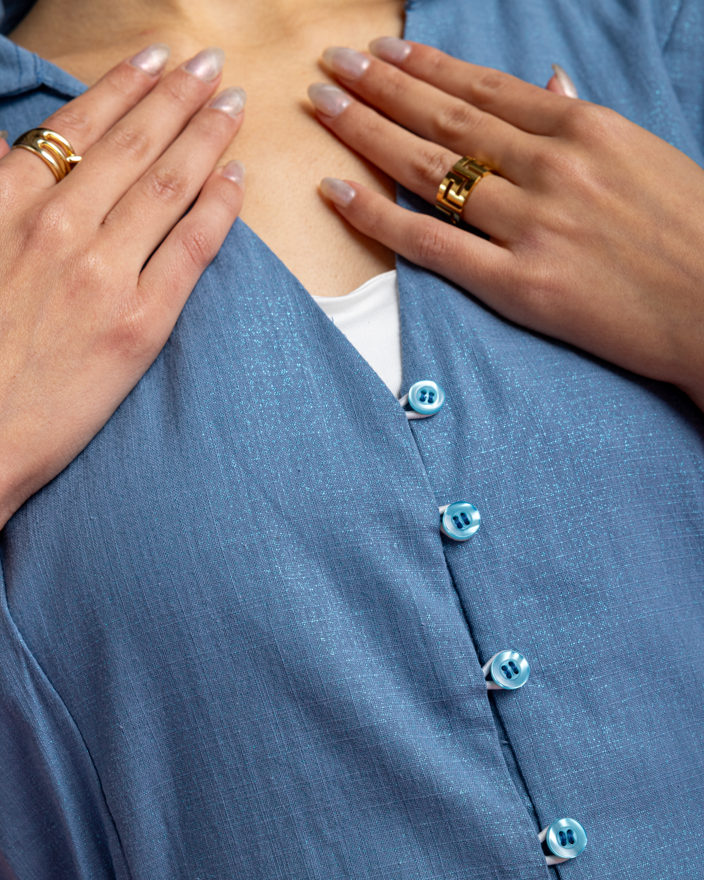 Aziza Dress - Blue Linen with Metallic Sparks