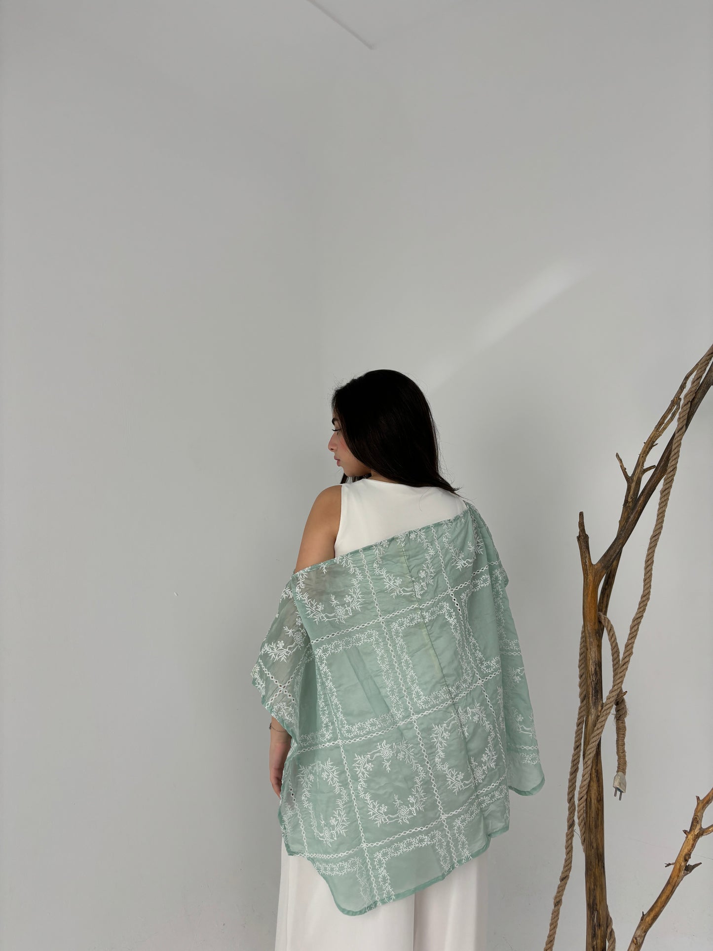 Embroidered organza cape-mint