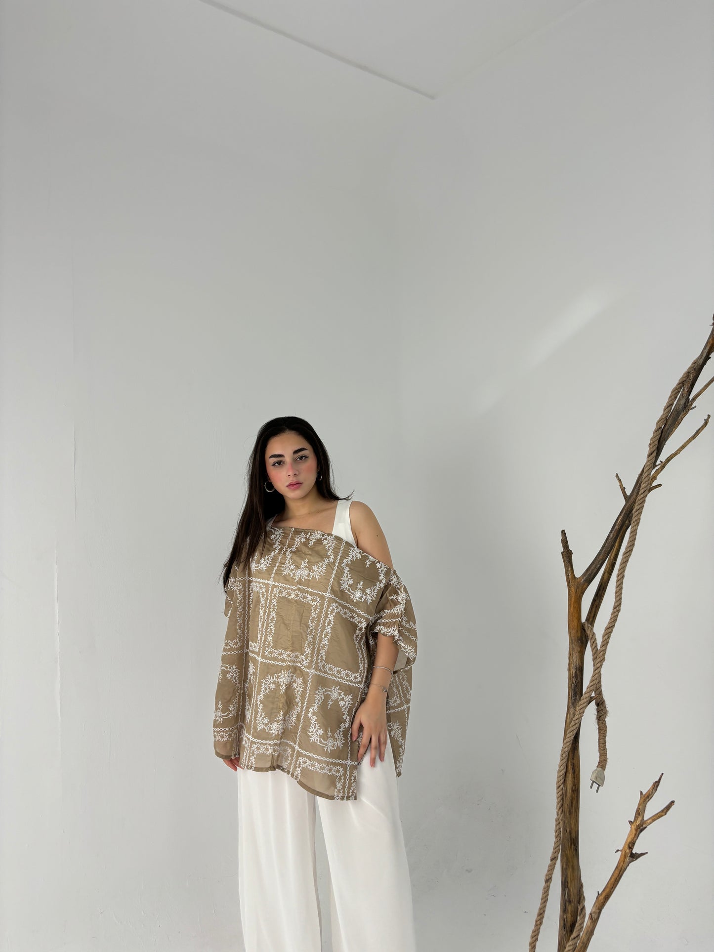 Embroidered organza cape-brown