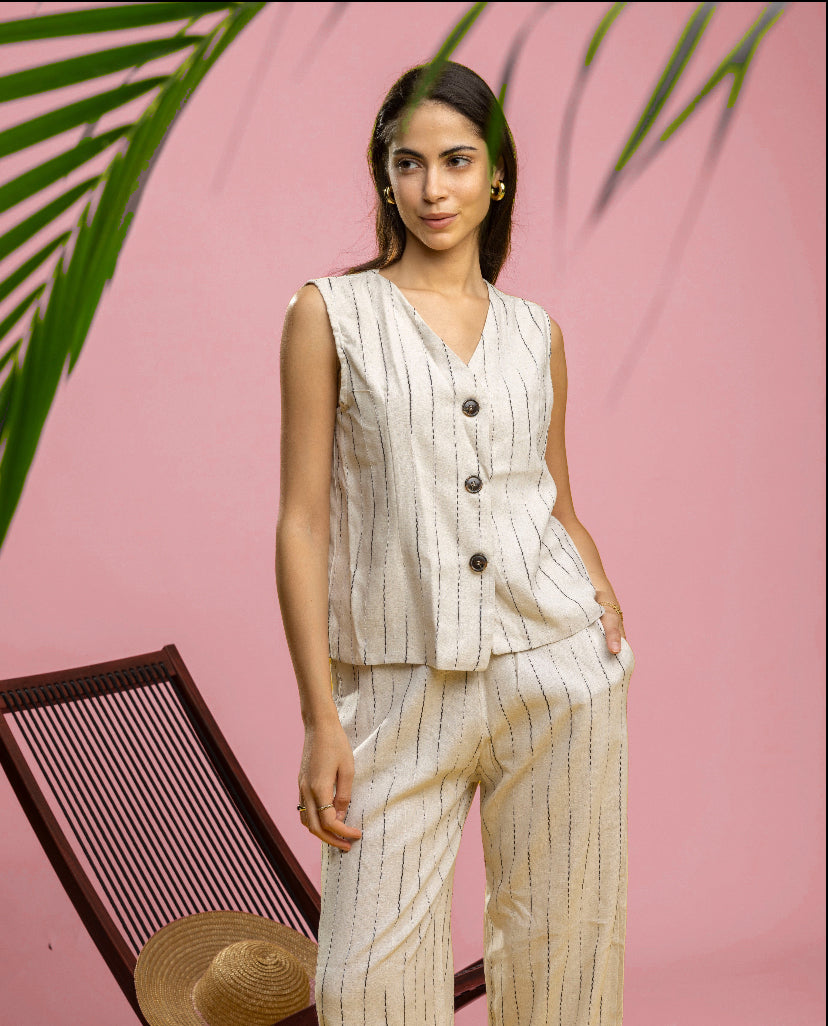 Vest Set - Beige x Black lines