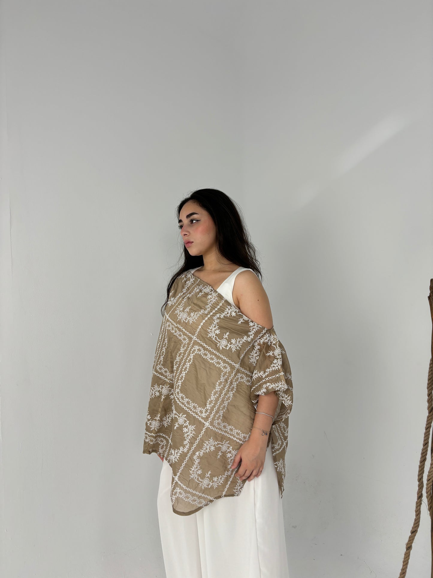 Embroidered organza cape-brown