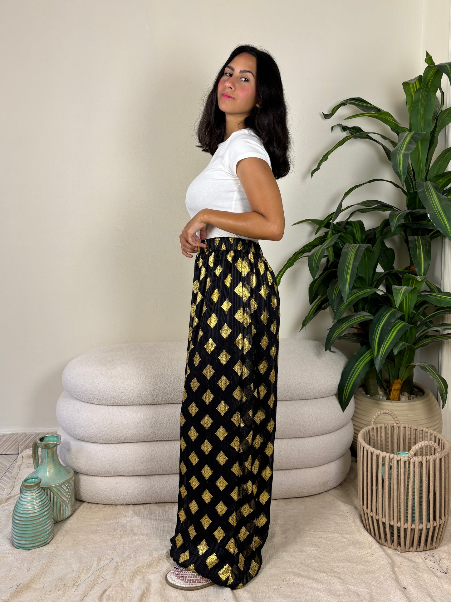 Boho pants cotton lined -blackxyellow