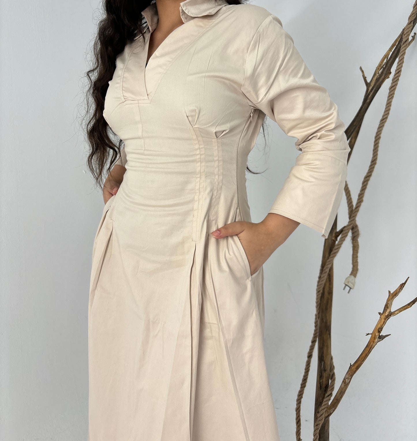 Cotton cinched waist dress-beige