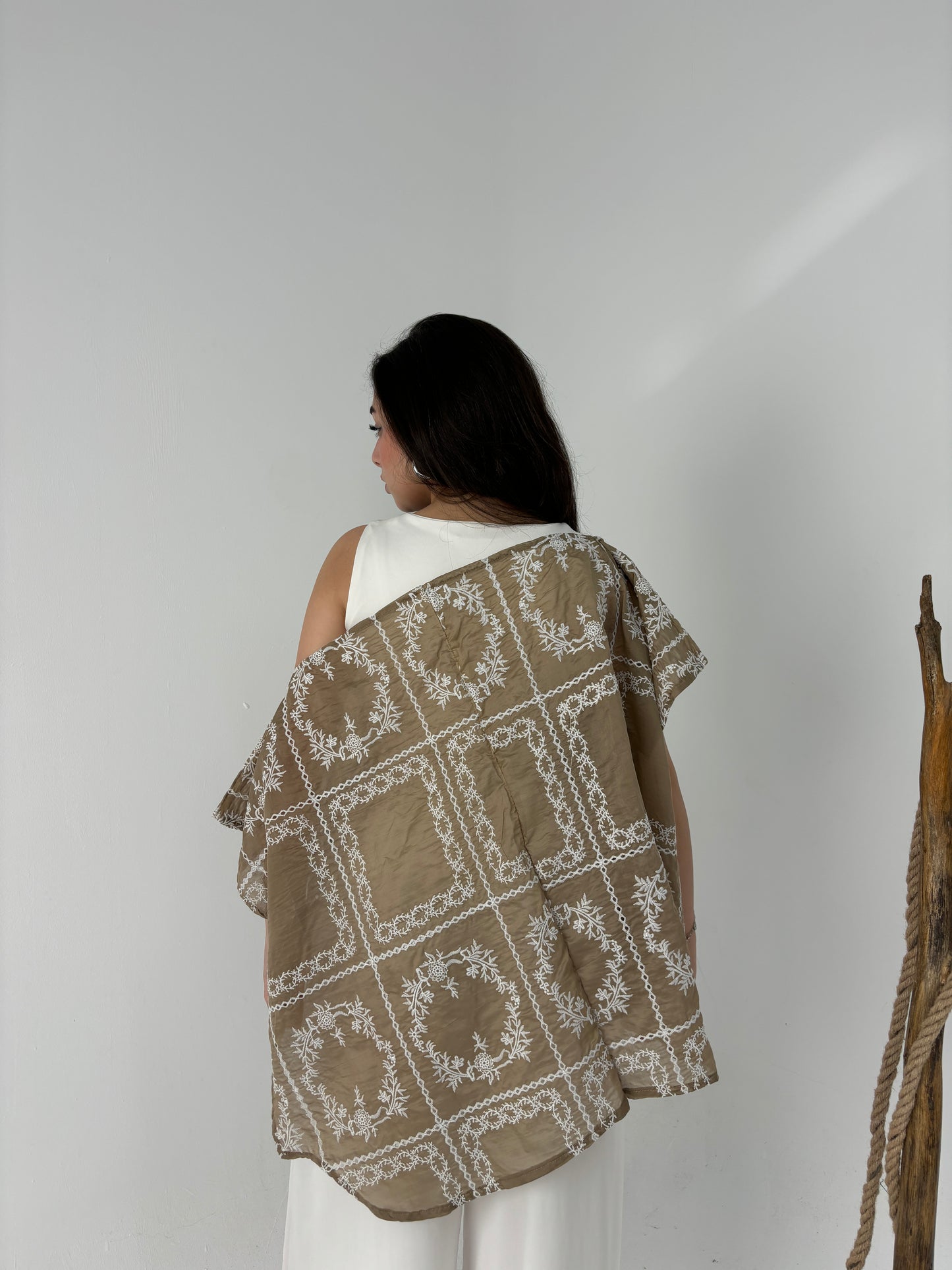 Embroidered organza cape-brown