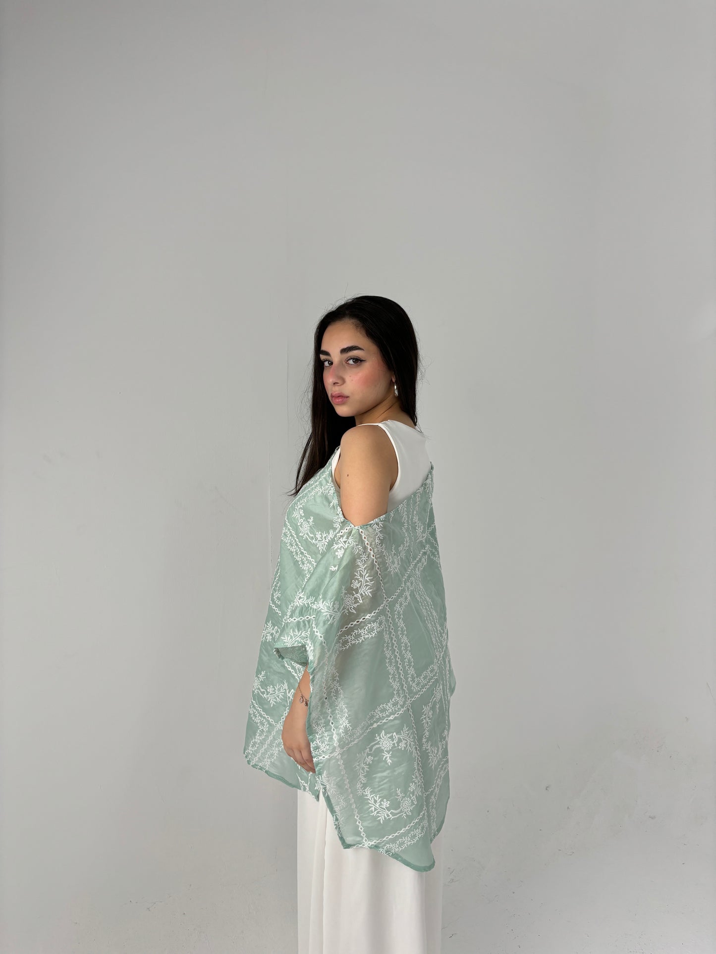 Embroidered organza cape-mint