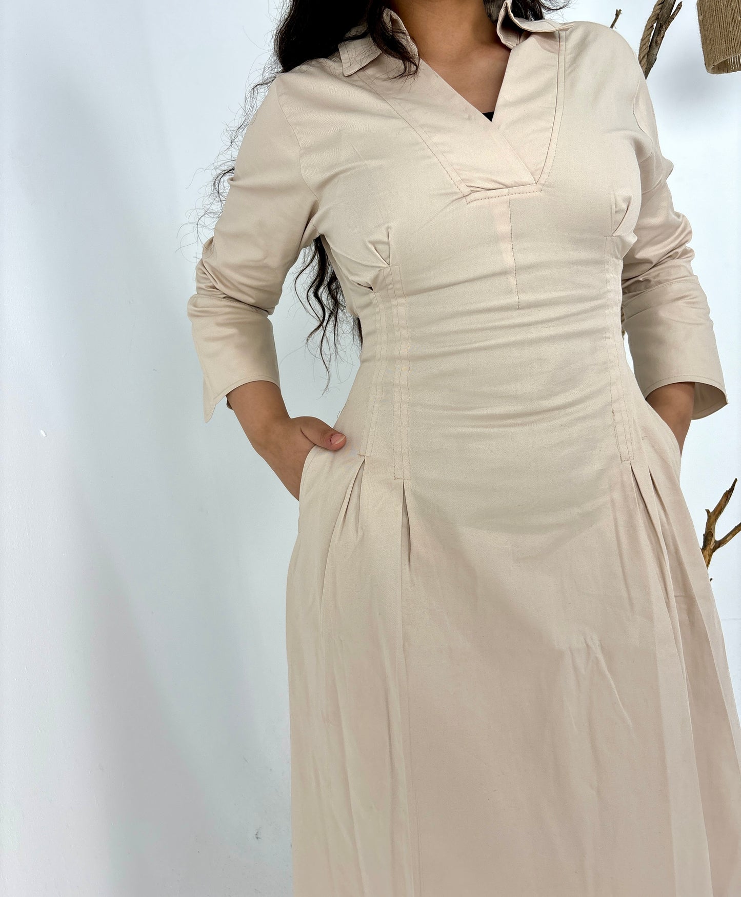 Cotton cinched waist dress-beige