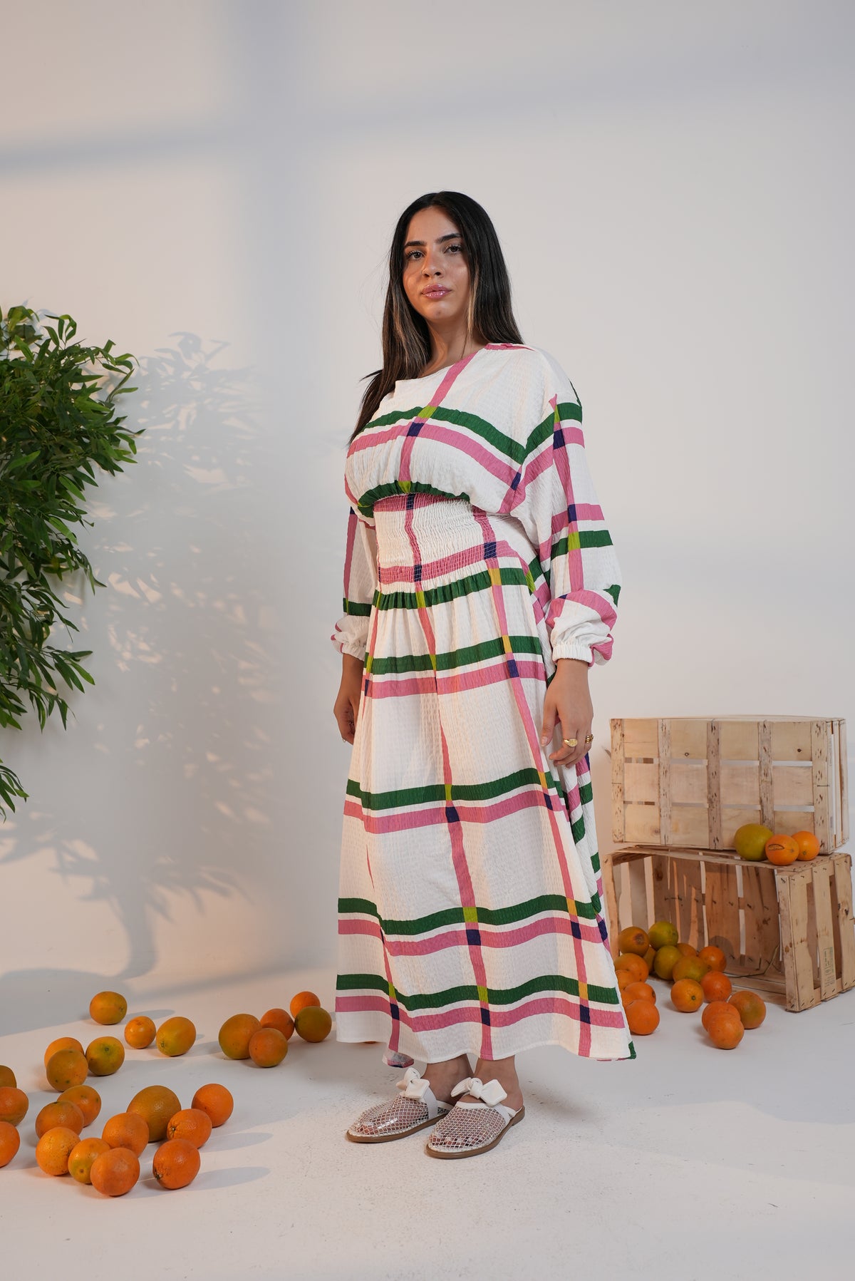 Rio Cinched Waist Dress - Pink & Green Checkers