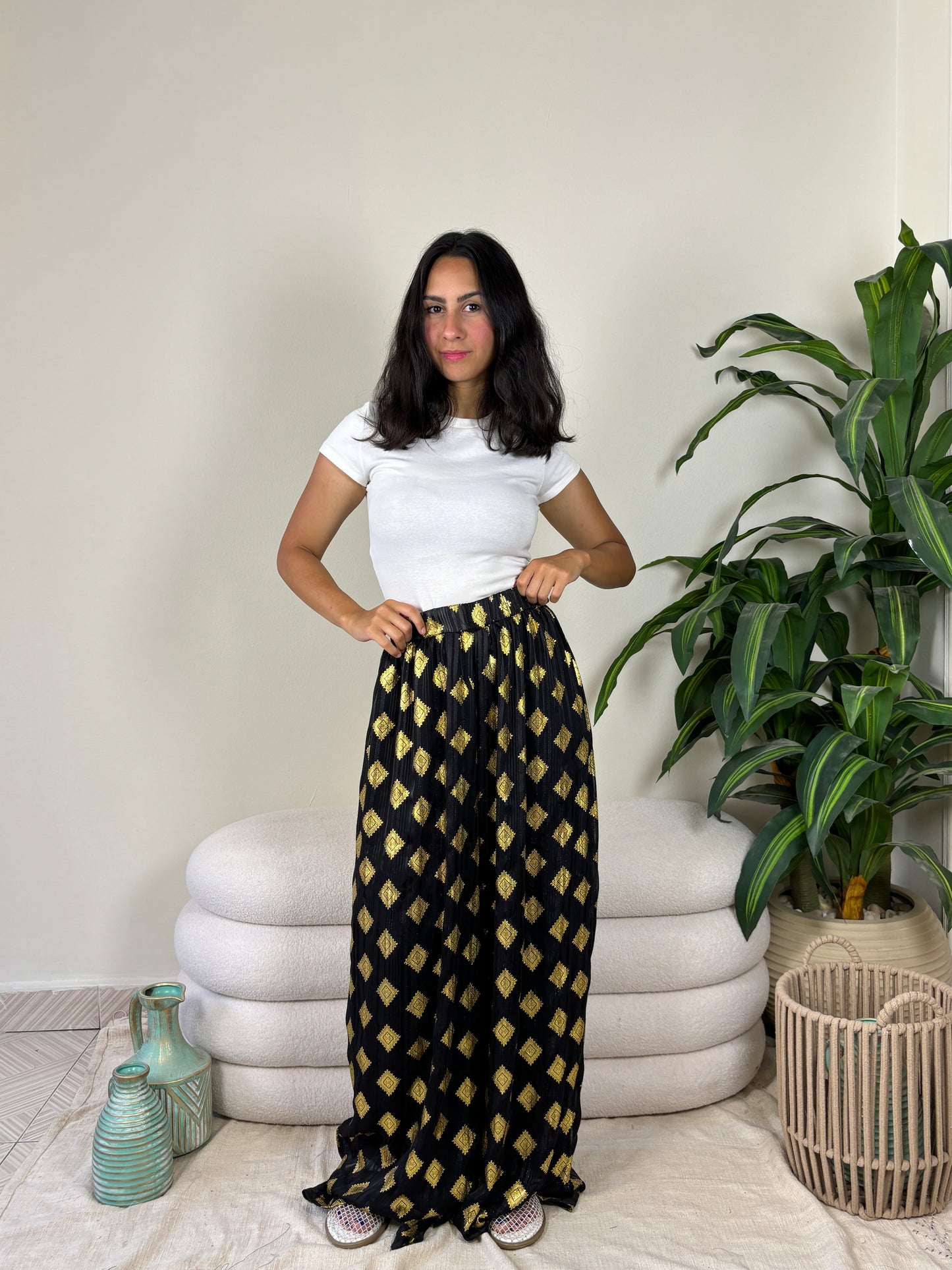 Boho pants cotton lined -blackxyellow