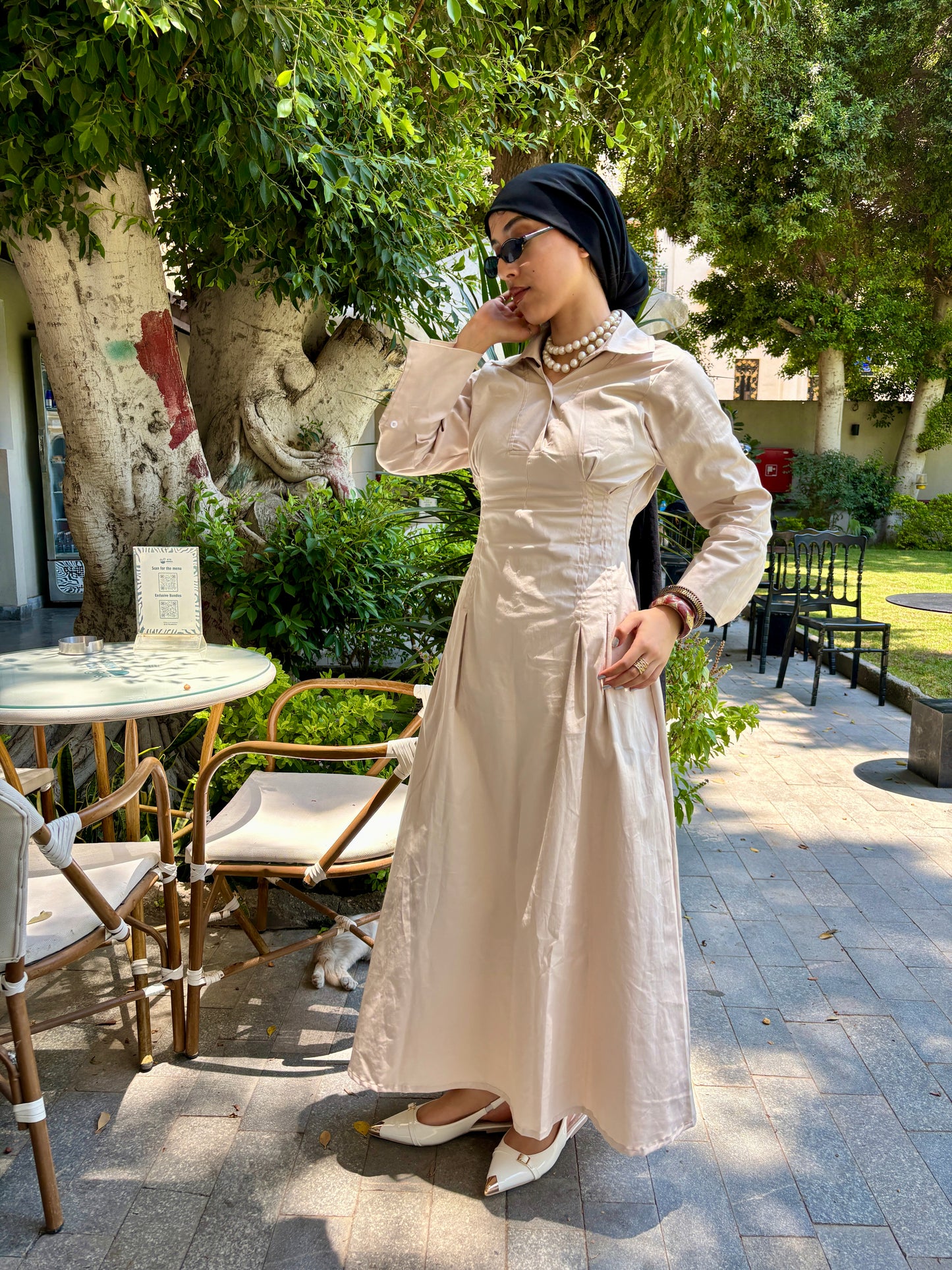 Cotton cinched waist dress-beige