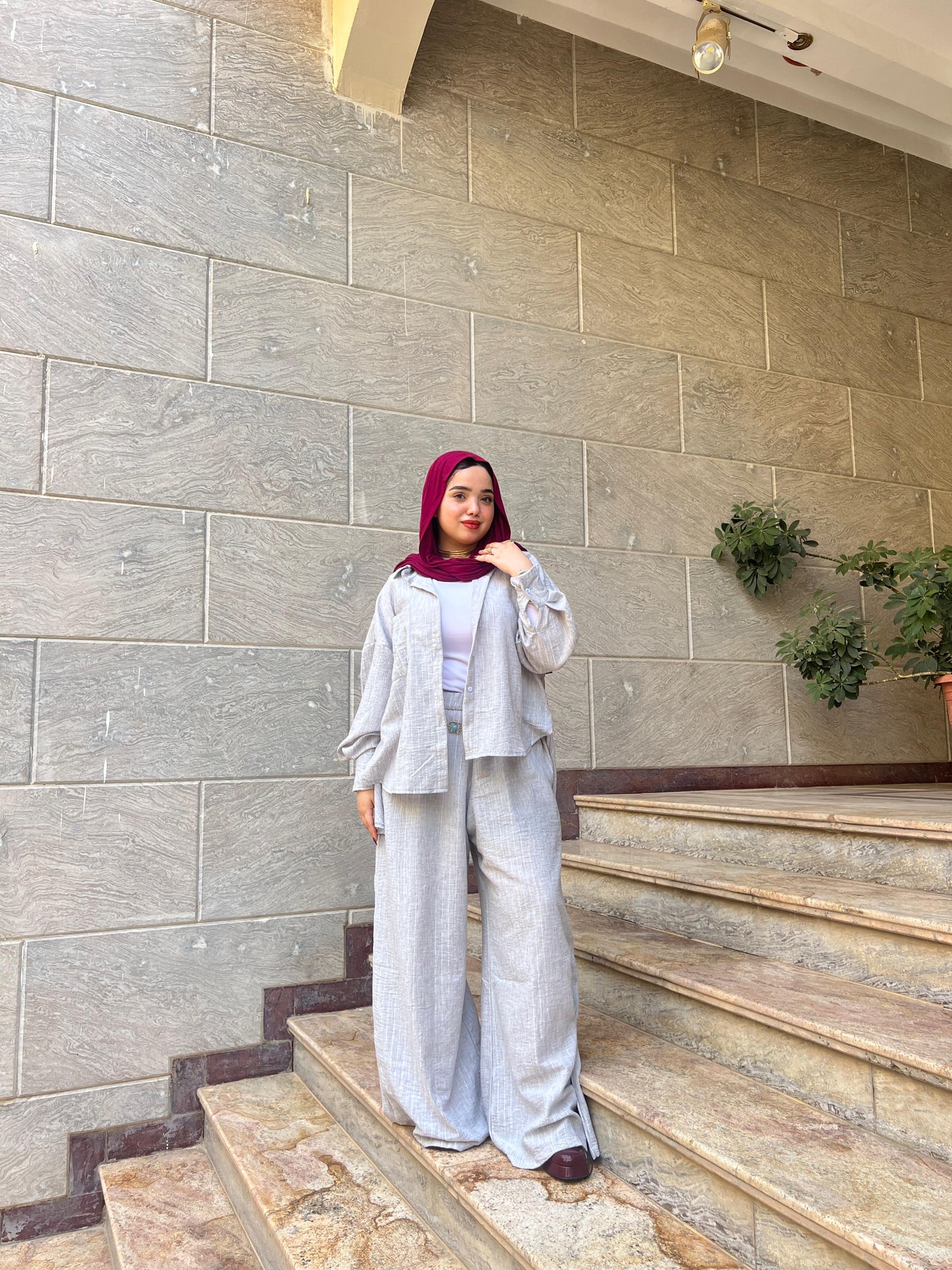 Linen Set with Silver Metallic Lines - Grey