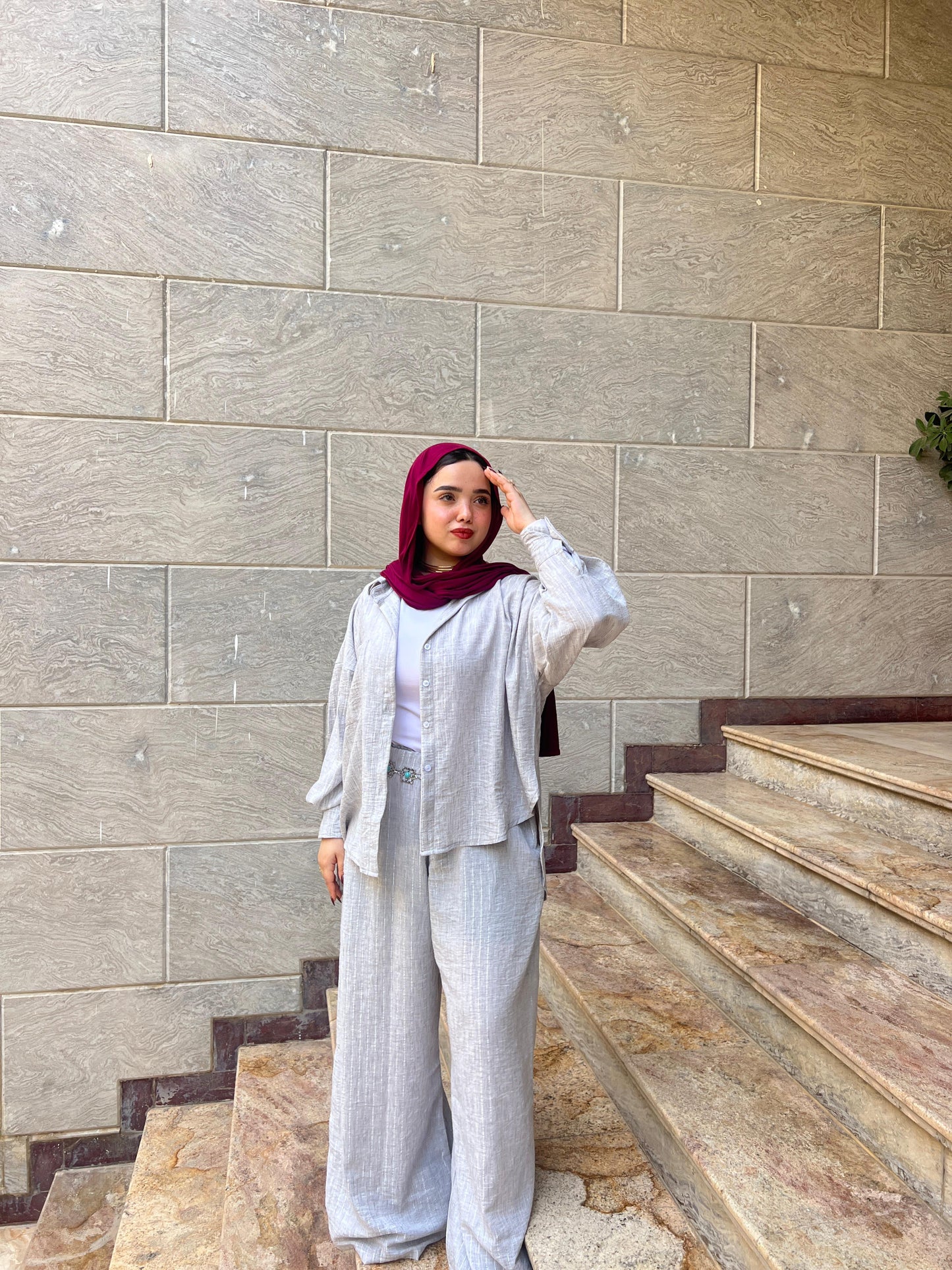 Linen Set with Silver Metallic Lines - Grey