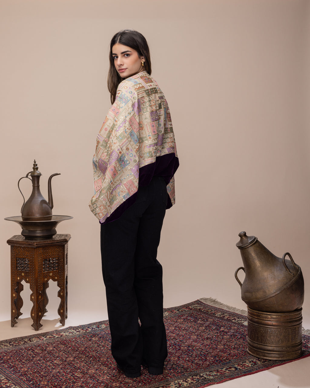 Two-way silk velvet x embroidered cardigan