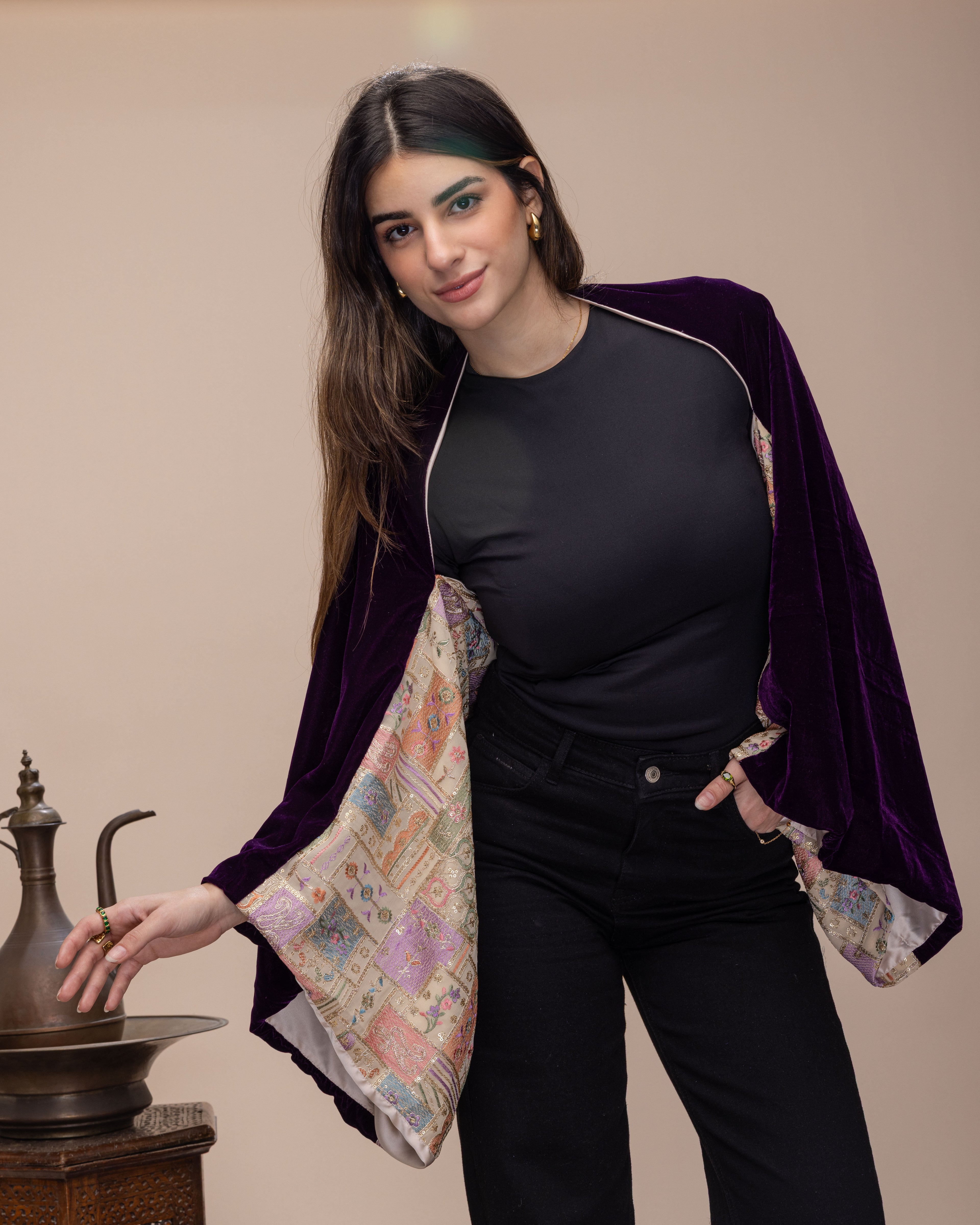 Two-way silk velvet x embroidered cardigan