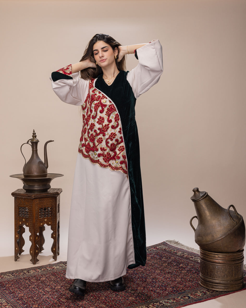 Morroccan Jalabeya - Red x Forest Green Silk Velvet