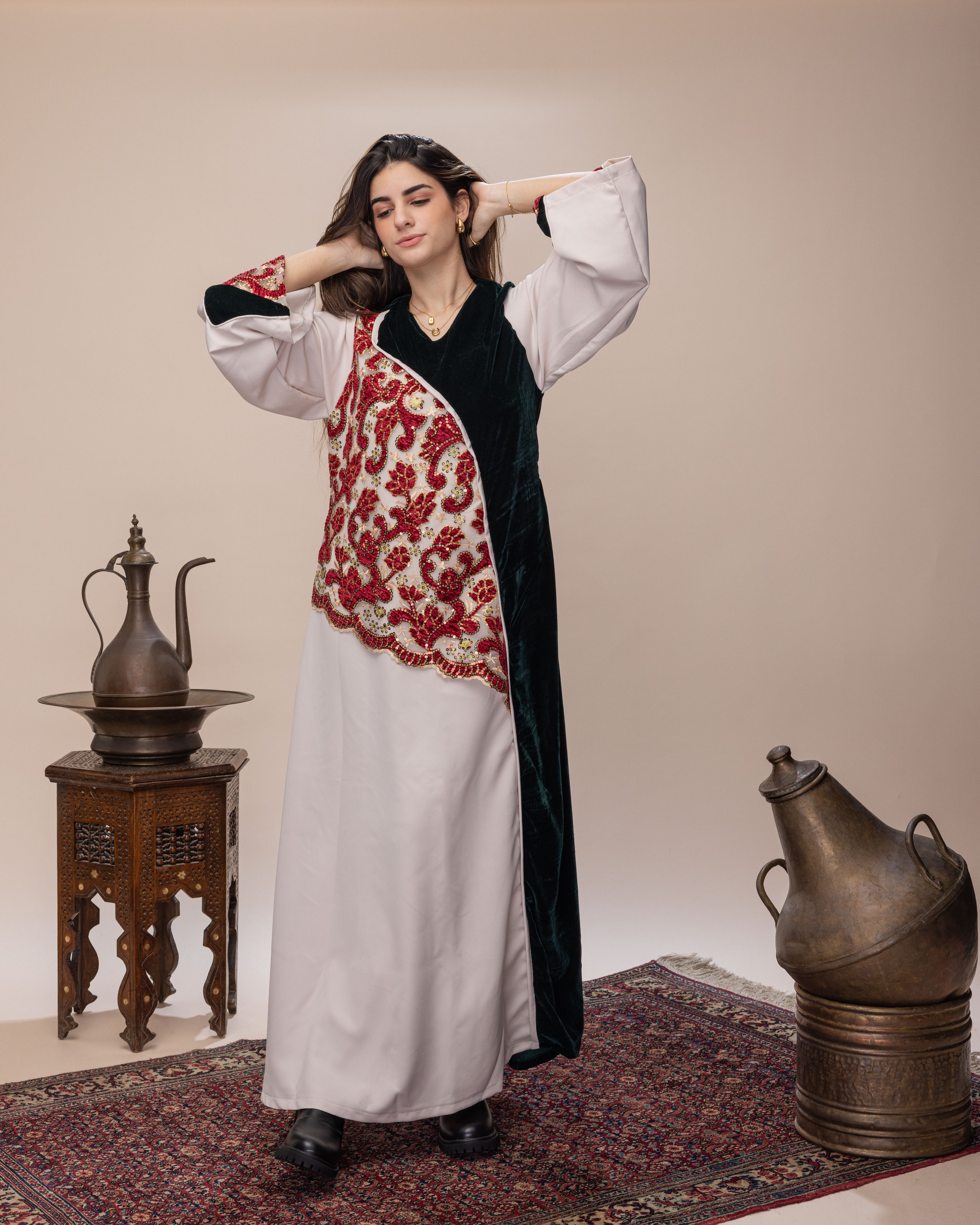 Morroccan Jalabeya - Red x Forest Green Silk Velvet