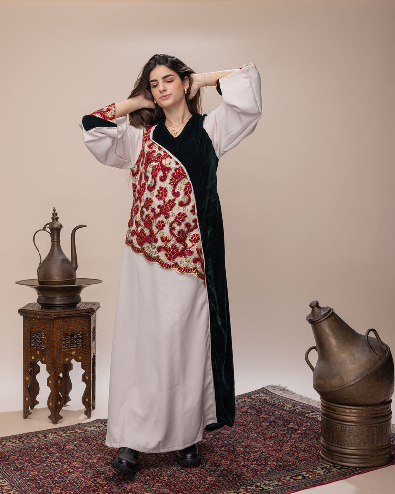 Morroccan Jalabeya - Red x Forest Green Silk Velvet