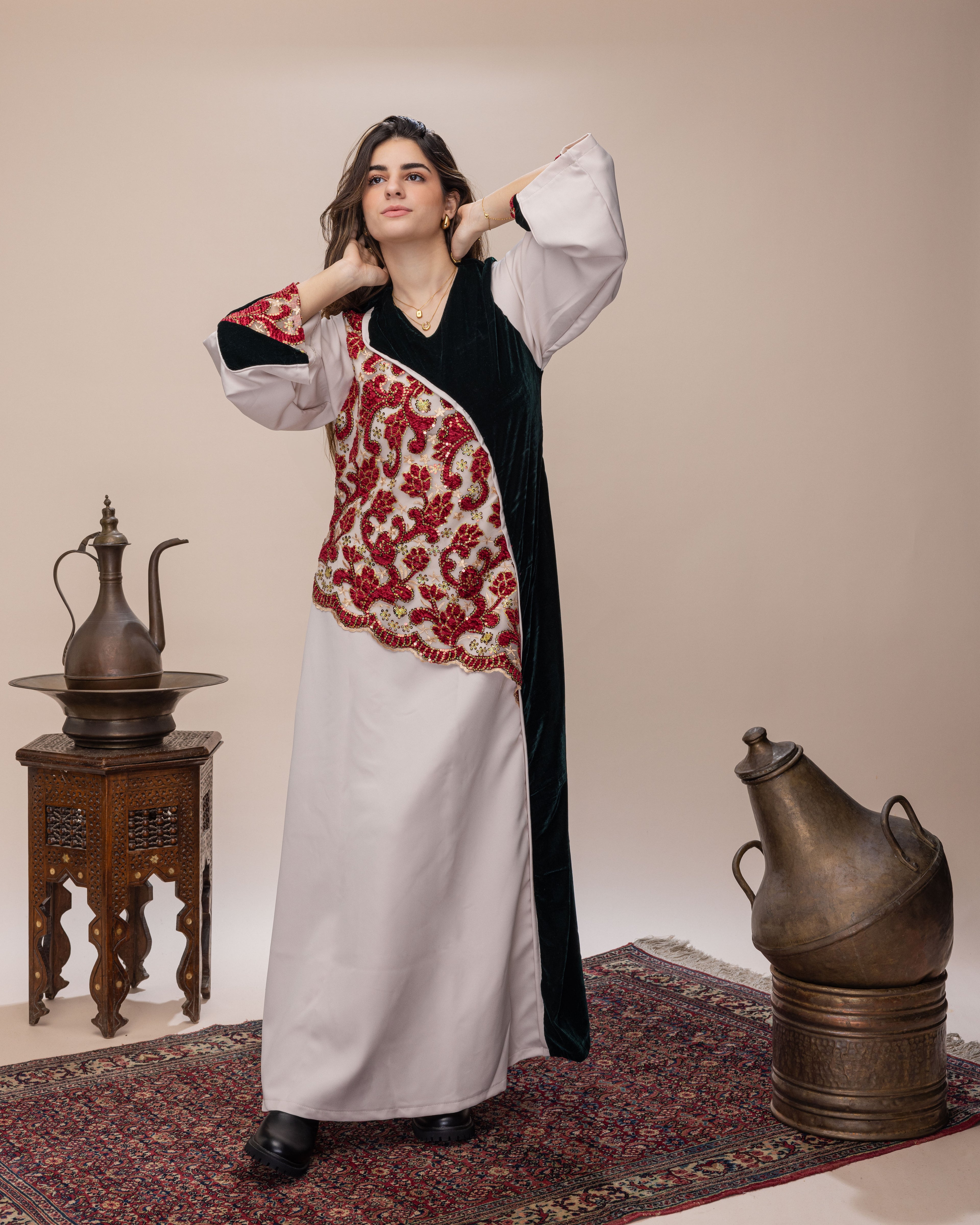 Morroccan Jalabeya - Red x Forest Green Silk Velvet