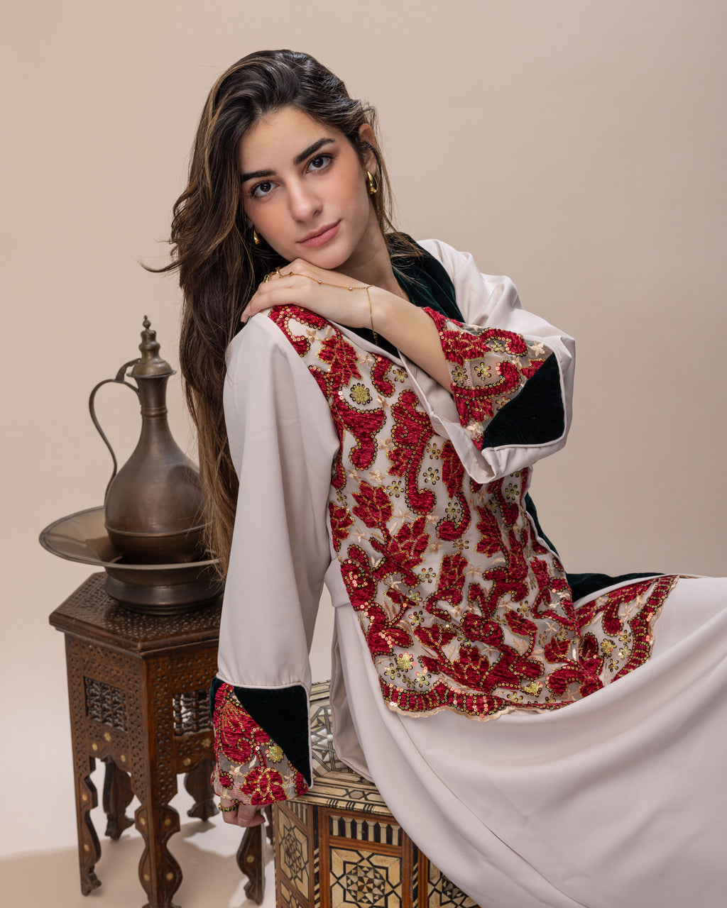 Morroccan Jalabeya - Red x Forest Green Silk Velvet
