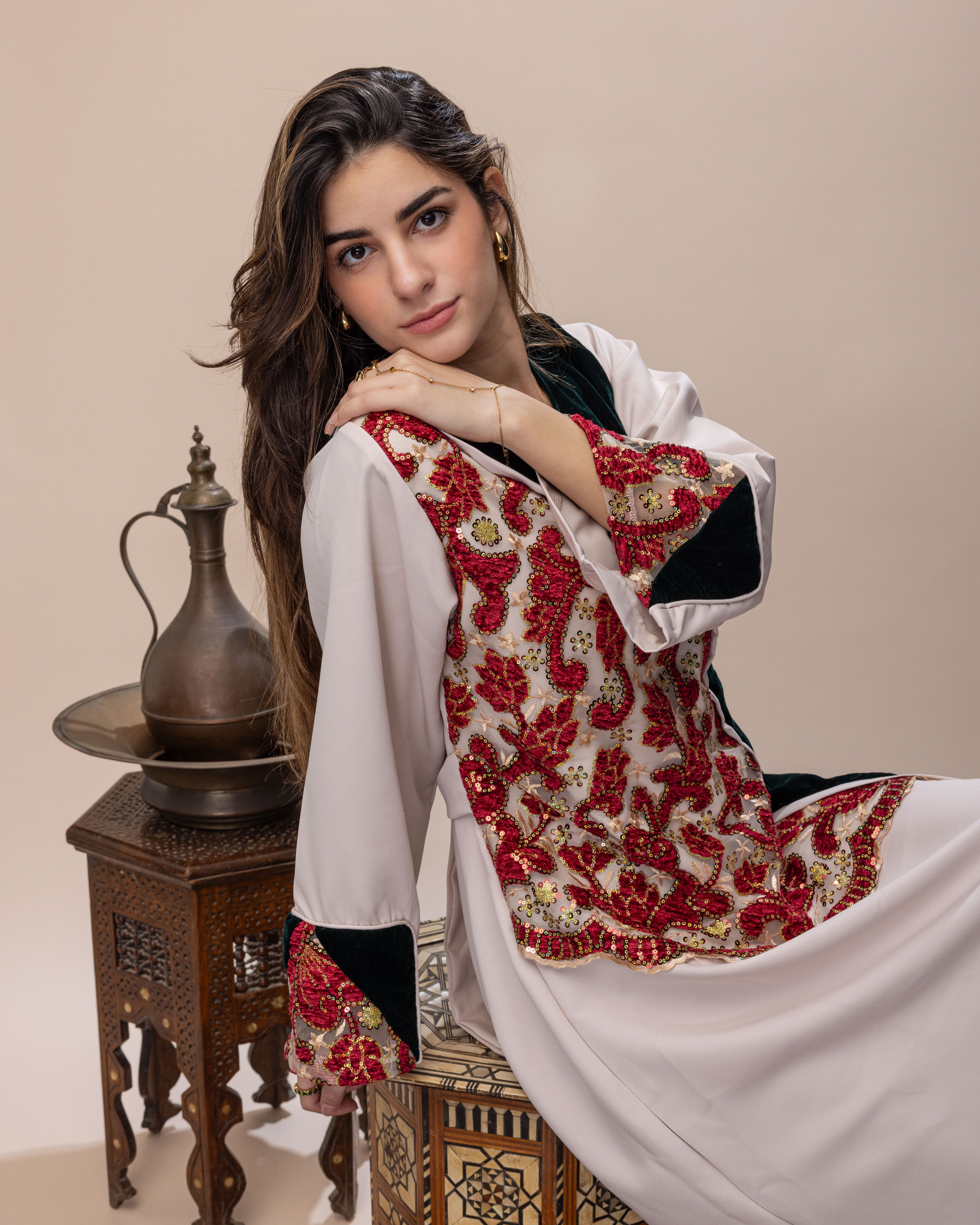 Morroccan Jalabeya - Red x Forest Green Silk Velvet