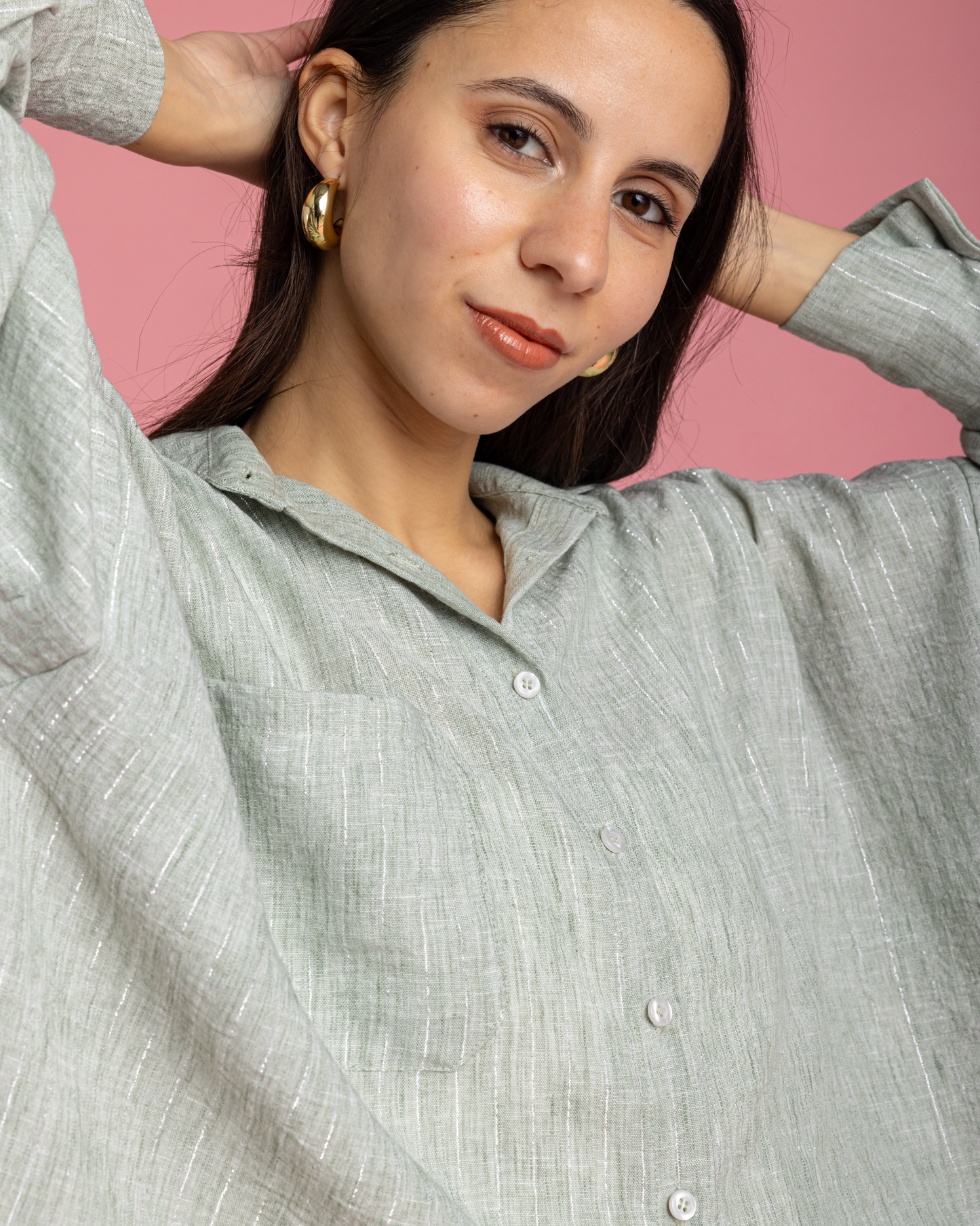 Linen Set with Silver Metallic Lines - Green