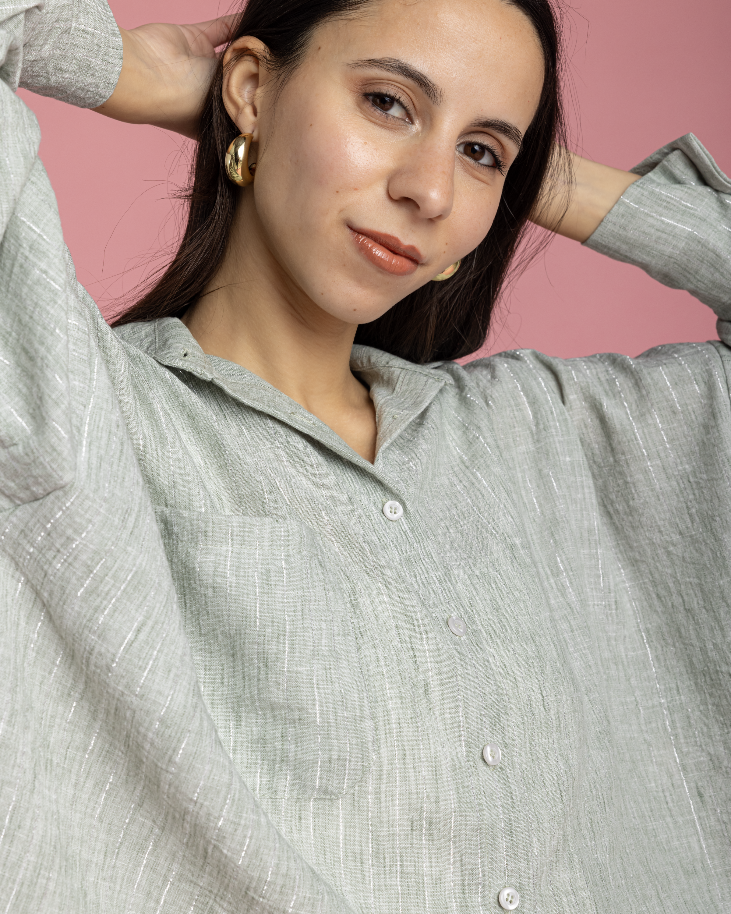 Linen Set with Silver Metallic Lines - Green