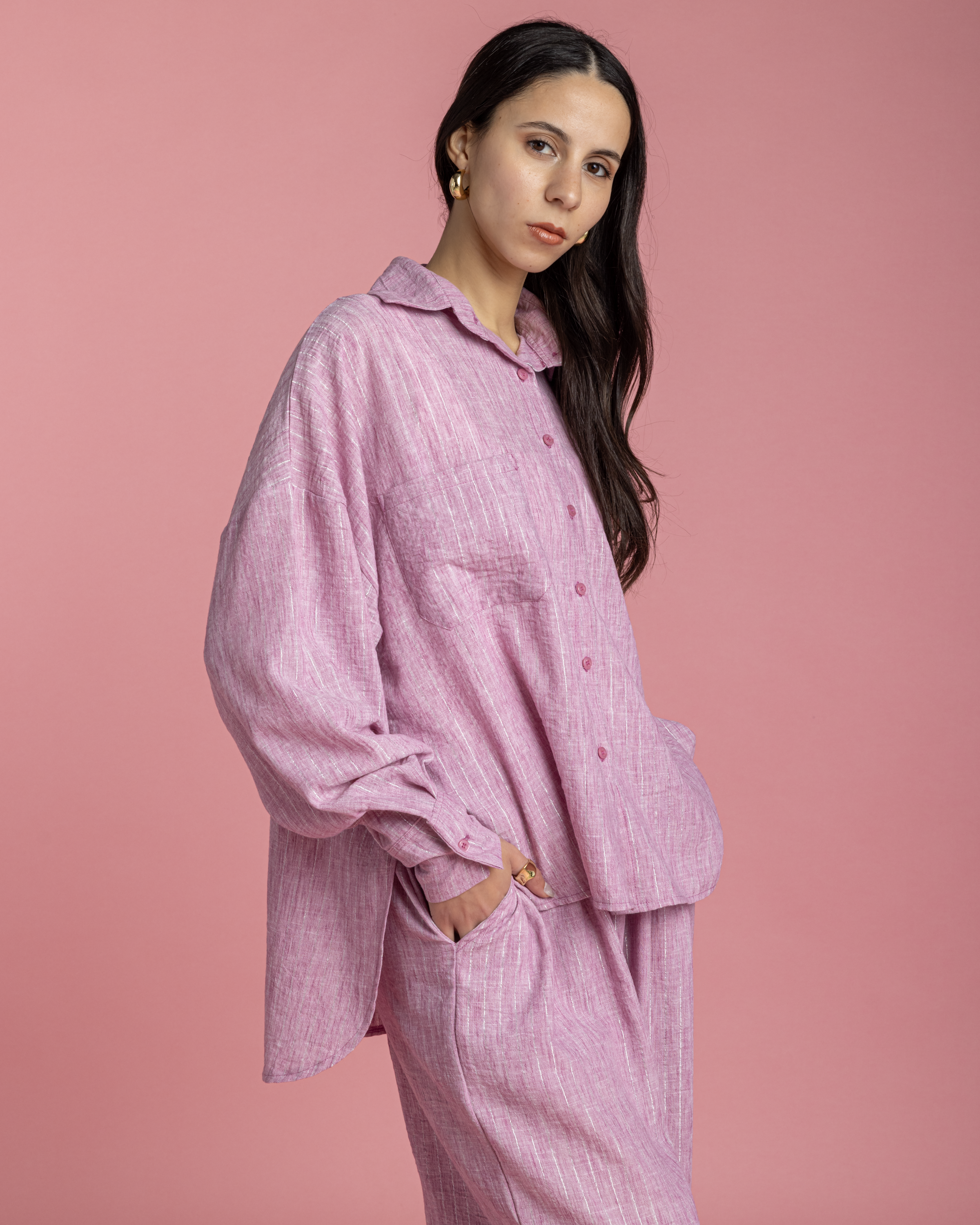 Linen Set with Silver Metallic Lines - Pink