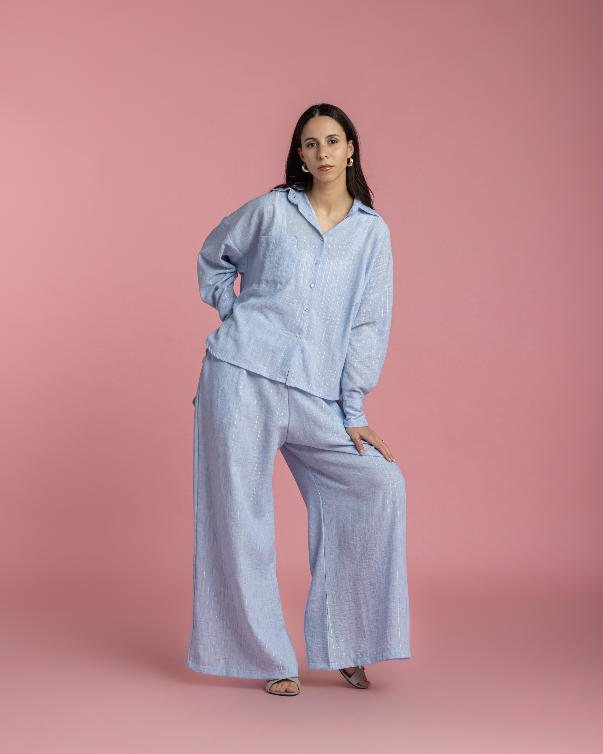 Linen Set with Silver Metallic Lines - Blue