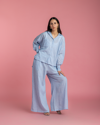 Linen Set with Silver Metallic Lines - Blue
