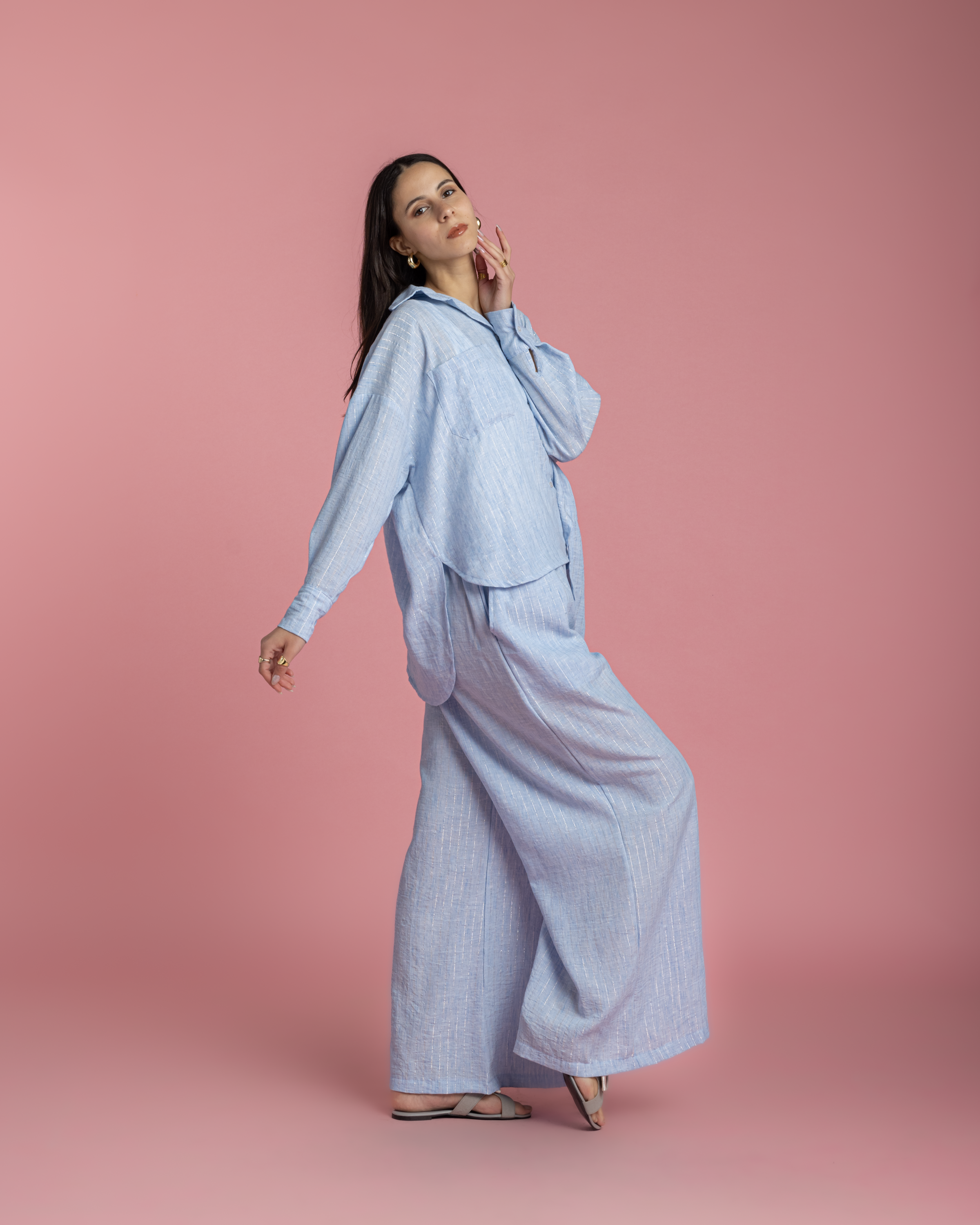 Linen Set with Silver Metallic Lines - Blue