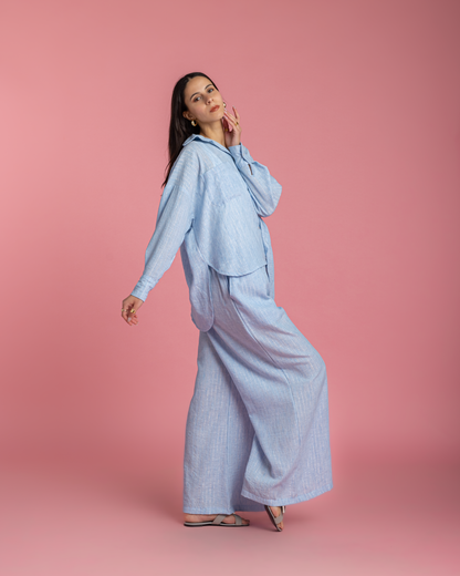 Linen Set with Silver Metallic Lines - Blue