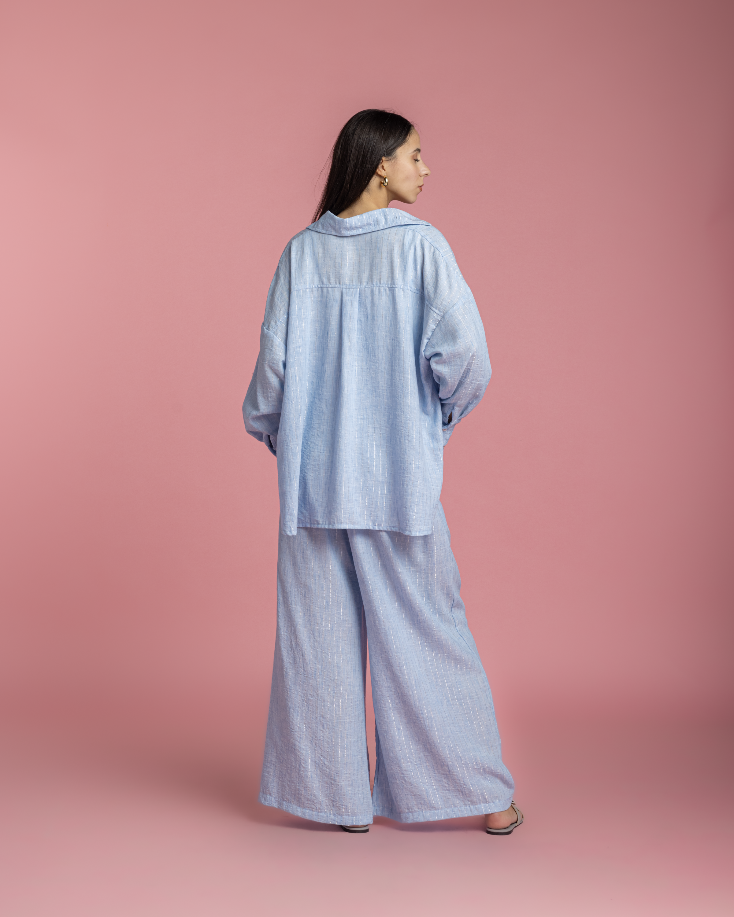 Linen Set with Silver Metallic Lines - Blue