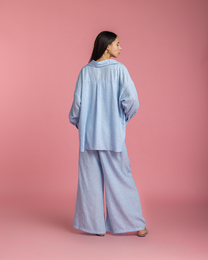 Linen Set with Silver Metallic Lines - Blue