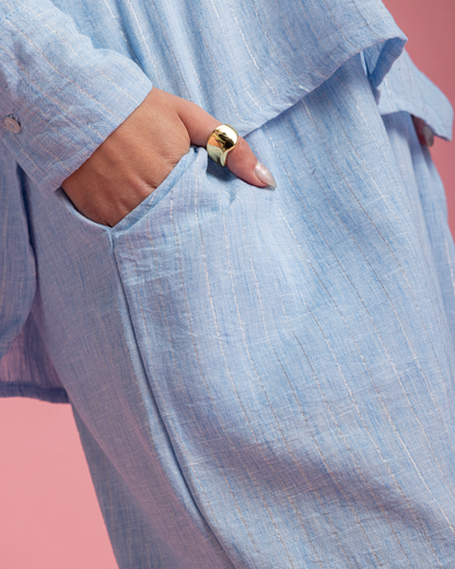 Linen Set with Silver Metallic Lines - Blue