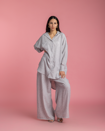 Linen Set with Silver Metallic Lines - Grey