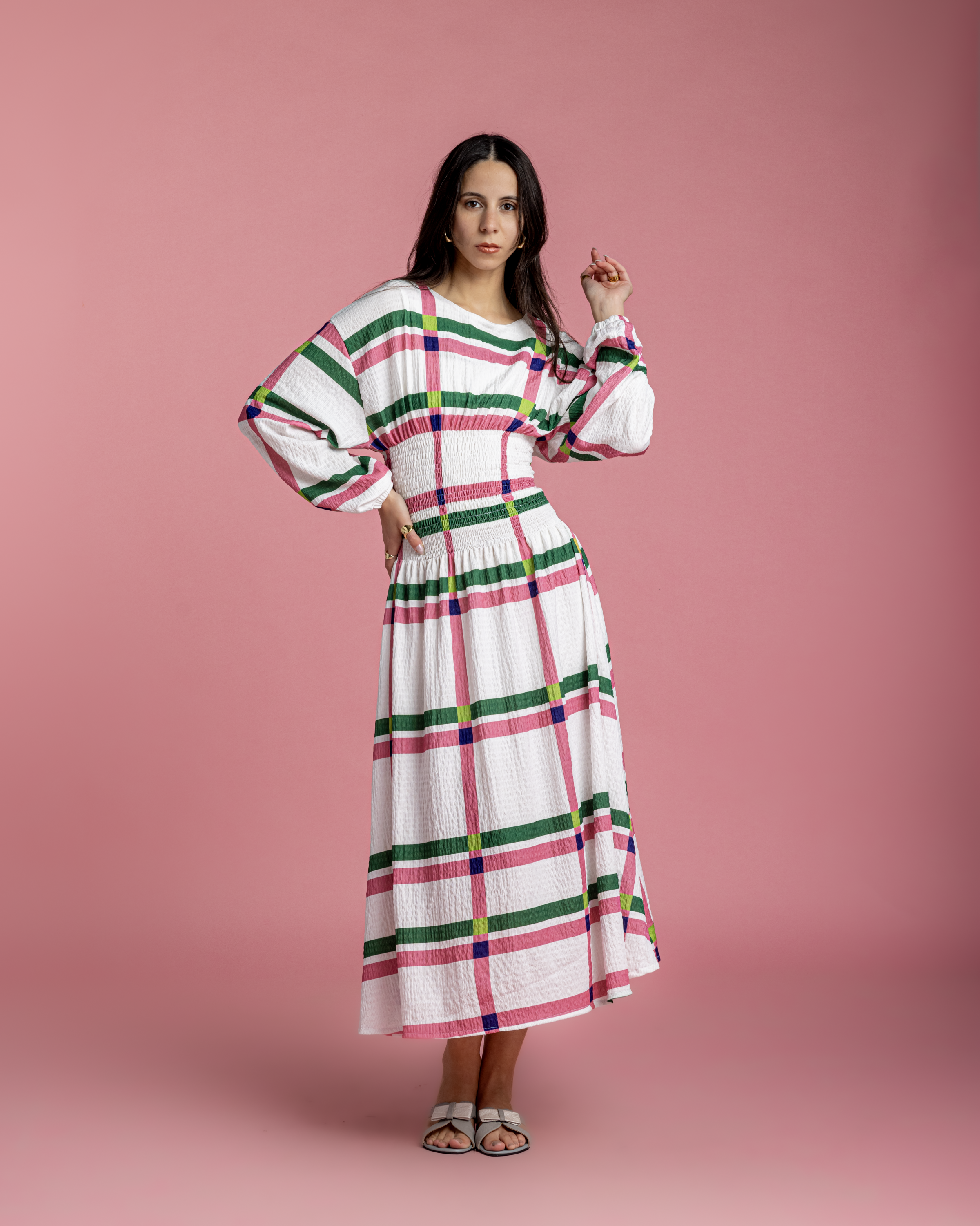 Rio Cinched Waist Dress - Pink & Green Checkers