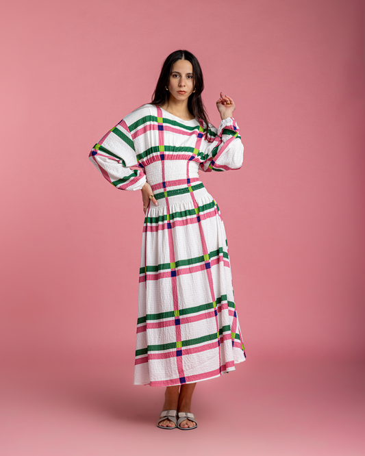 Rio Cinched Waist Dress - Pink & Green Checkers