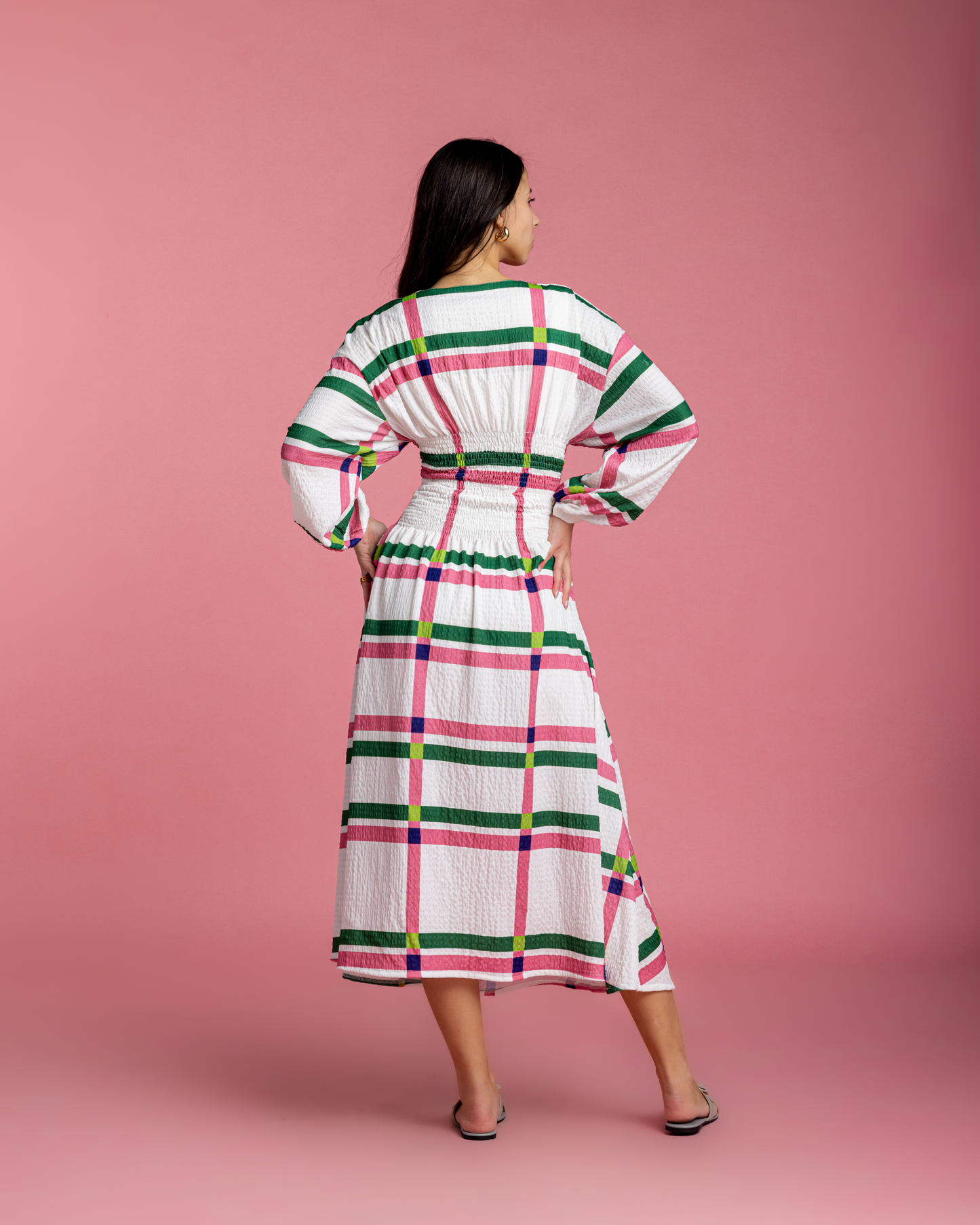 Rio Cinched Waist Dress - Pink & Green Checkers