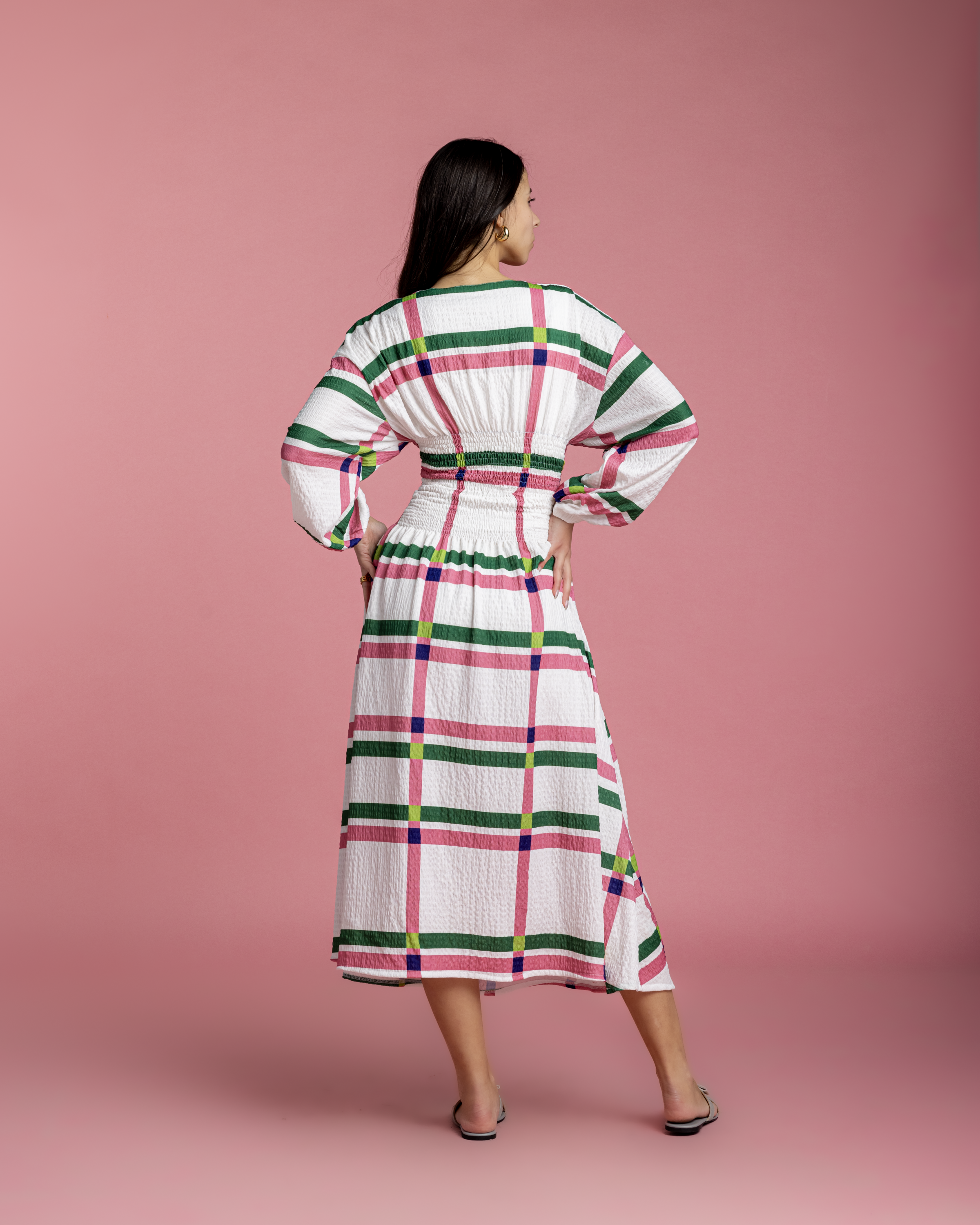 Rio Cinched Waist Dress - Pink & Green Checkers