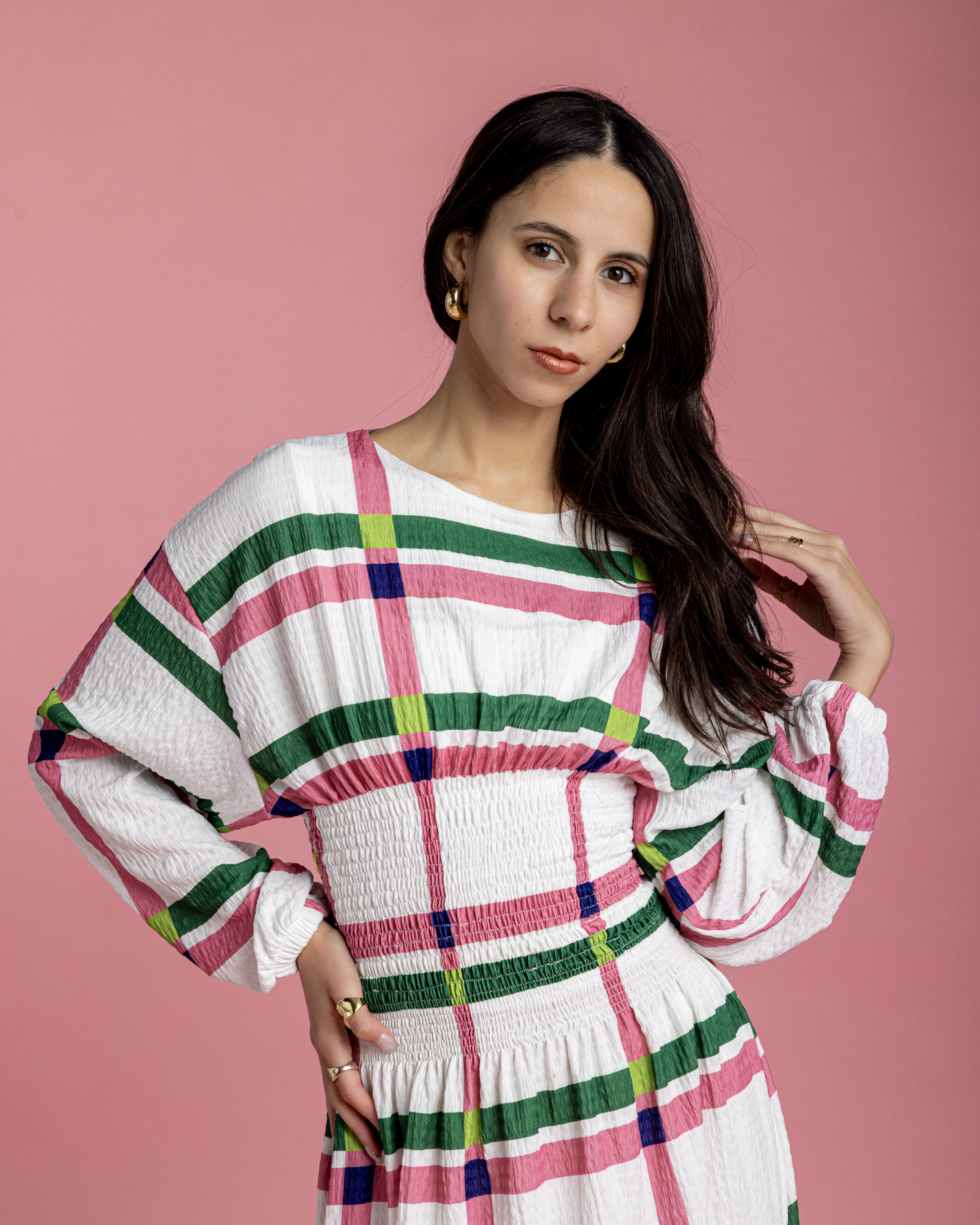 Rio Cinched Waist Dress - Pink & Green Checkers