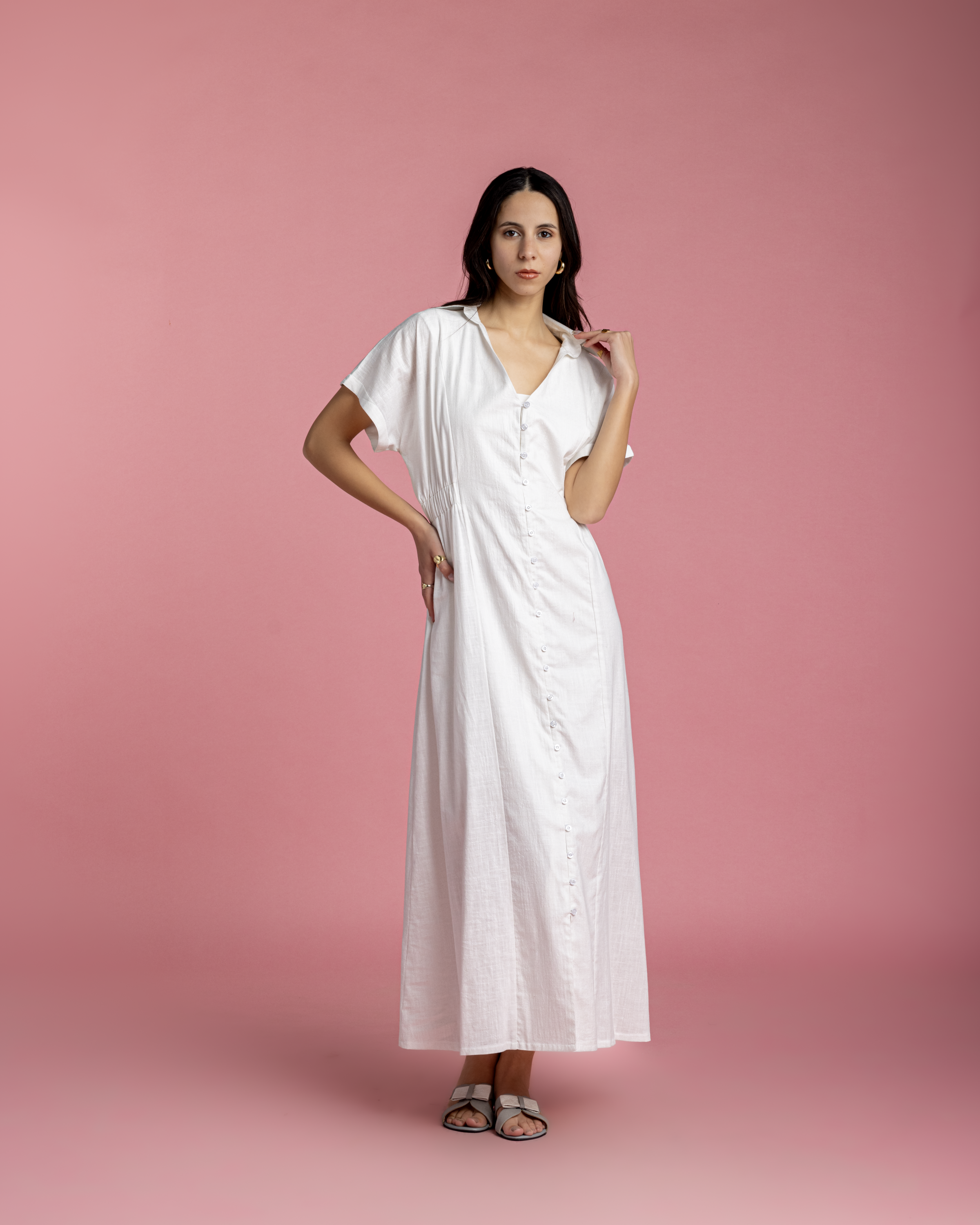 Aziza Dress - White Linen with Metallic Sparks
