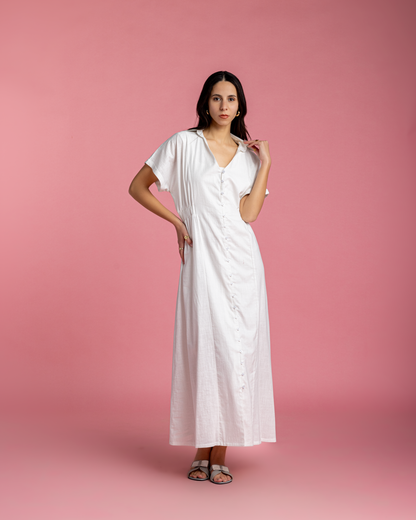 Aziza Dress - White Linen with Metallic Sparks