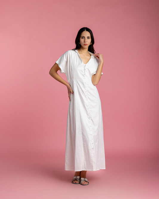 Aziza Dress - White Linen with Metallic Sparks