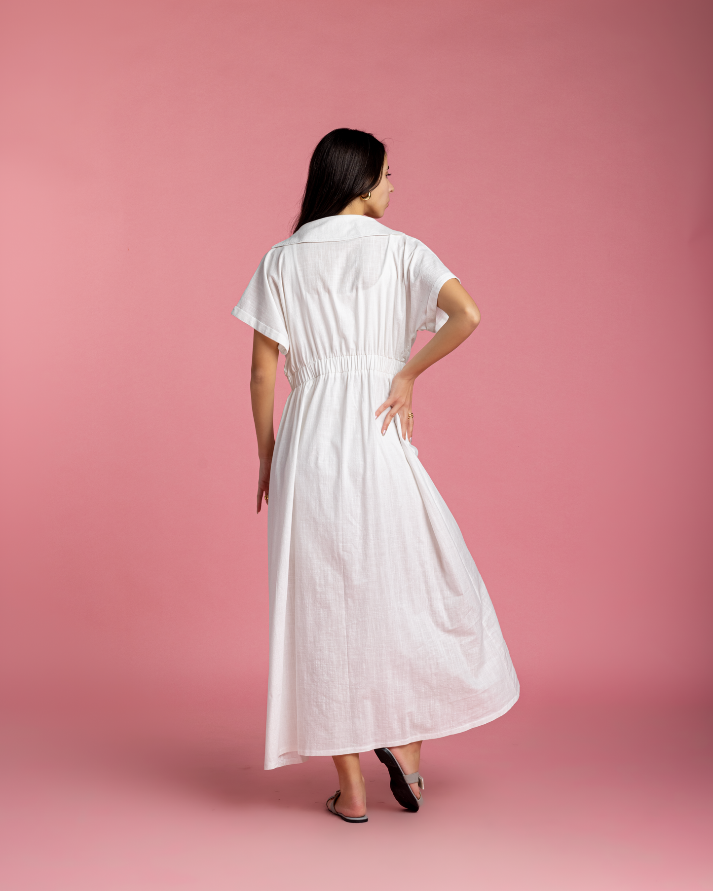 Aziza Dress - White Linen with Metallic Sparks