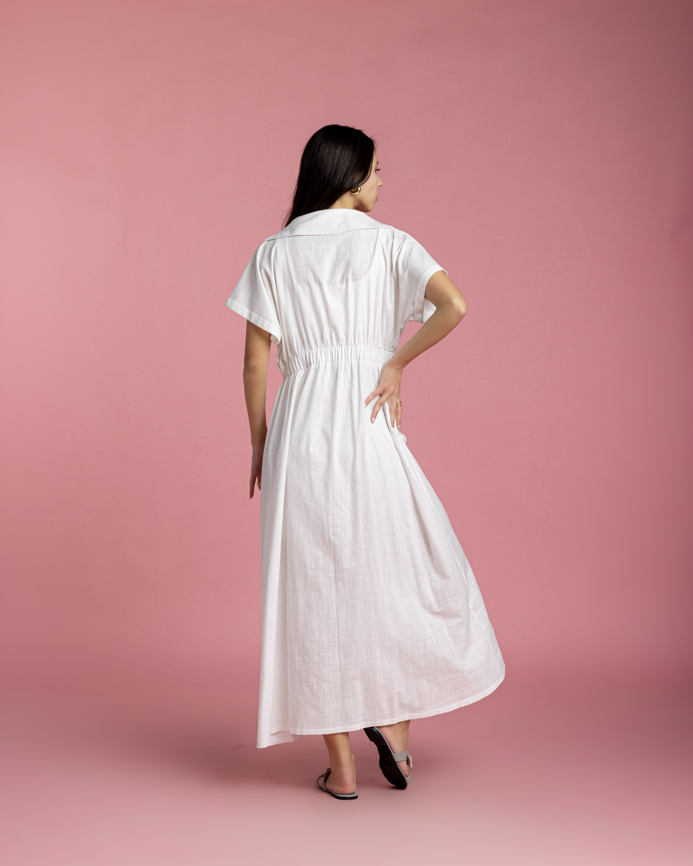 Aziza Dress - White Linen with Metallic Sparks