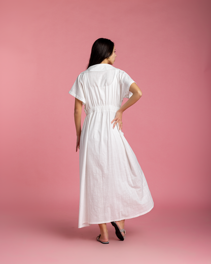 Aziza Dress - White Linen with Metallic Sparks