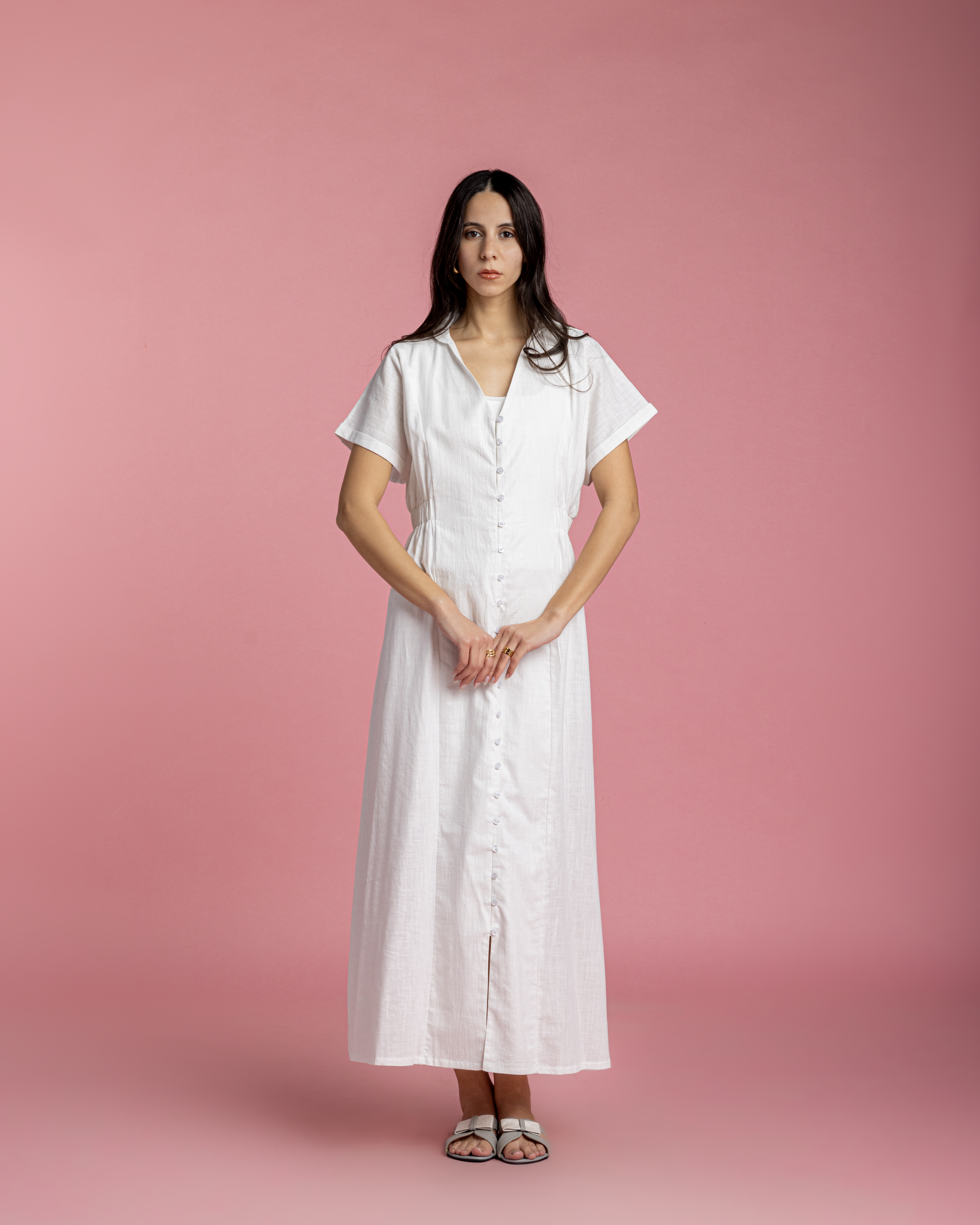Aziza Dress - White Linen with Metallic Sparks
